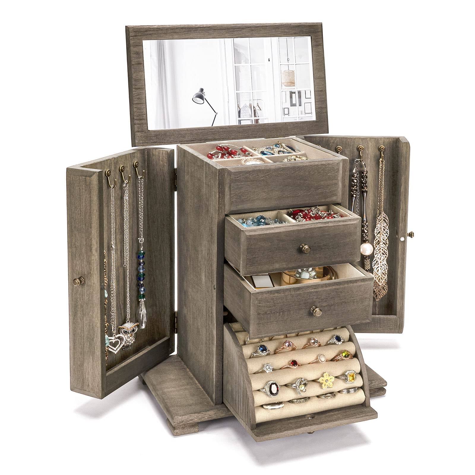 Front. Cedar Assembly - Standing Armoire & 2 Side Doors Amoire Cabinet With Top Flip Makeup Mirror Chest Boxes - Weathered Gray.