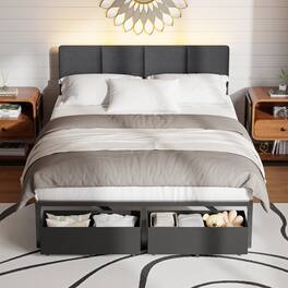Furnulem - Upholstered Bed Frame with 2 Storage Drawers Modern Platform Bed with Charging Station & LED Light - Black