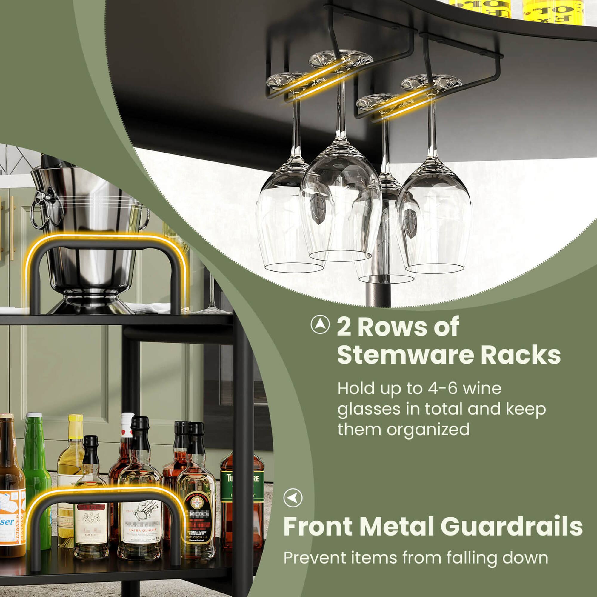 2 Rows of Stemware Racks: Hold up to 4-6 wine glasses in total and keep them organized.
Front Metal Guardrails: Prevent items from falling down.