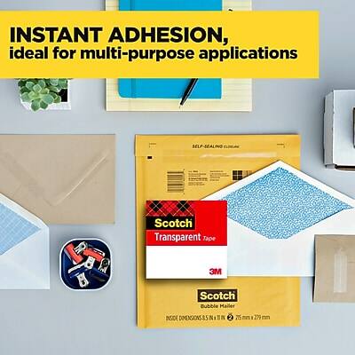 INSTANT ADHESION, ideal for multi-purpose applications

SELF-SEALING Scotch Transparent Tape

3M Scotch Bubble Mailer

INSIDE DIMENSIONS: 8.5 IN x 12 IN (215 mm x 305 mm)