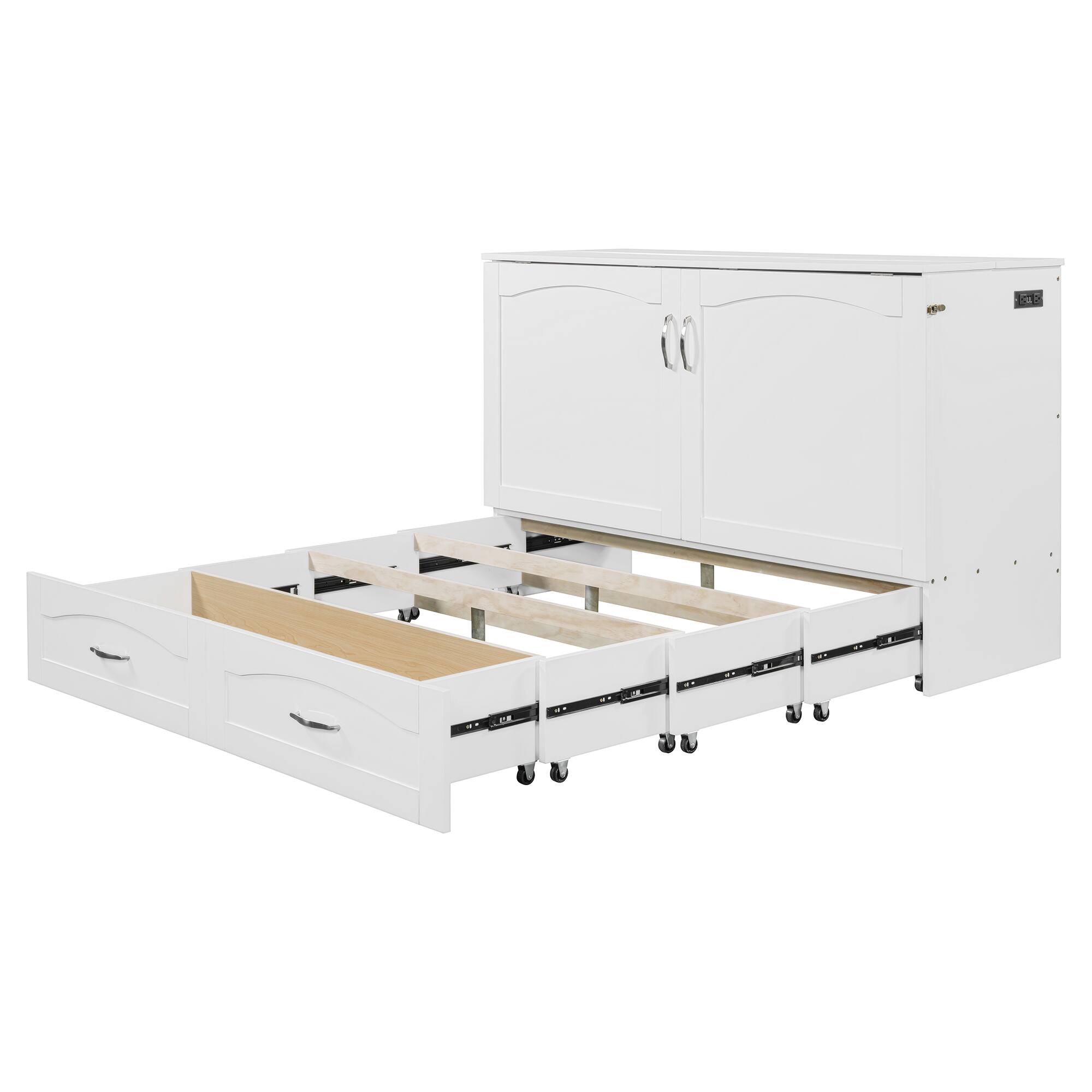 Alt View 10. Tiramisubest - Queen Size White Murphy Wall Bed, Solid Wood+MDF, Pulley, Drawer & Sockets/USB, Space-Saving - White.