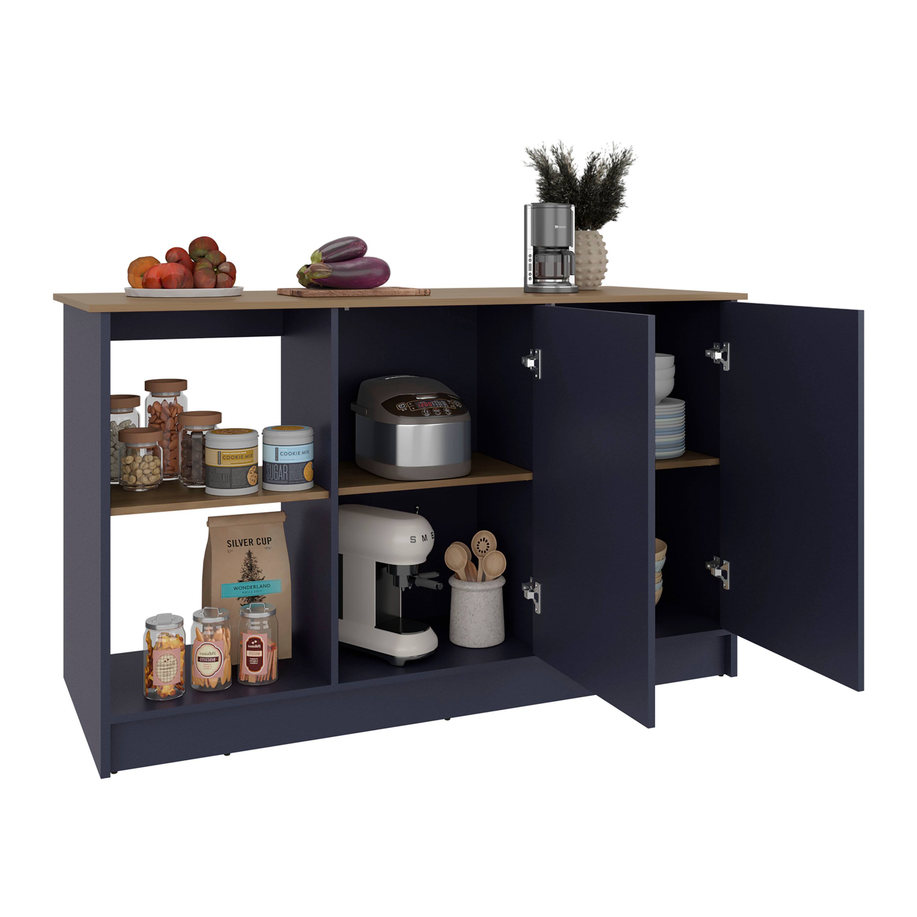 TuHome - Juniper Kitchen Island, Natural Oak, Blue - Beige