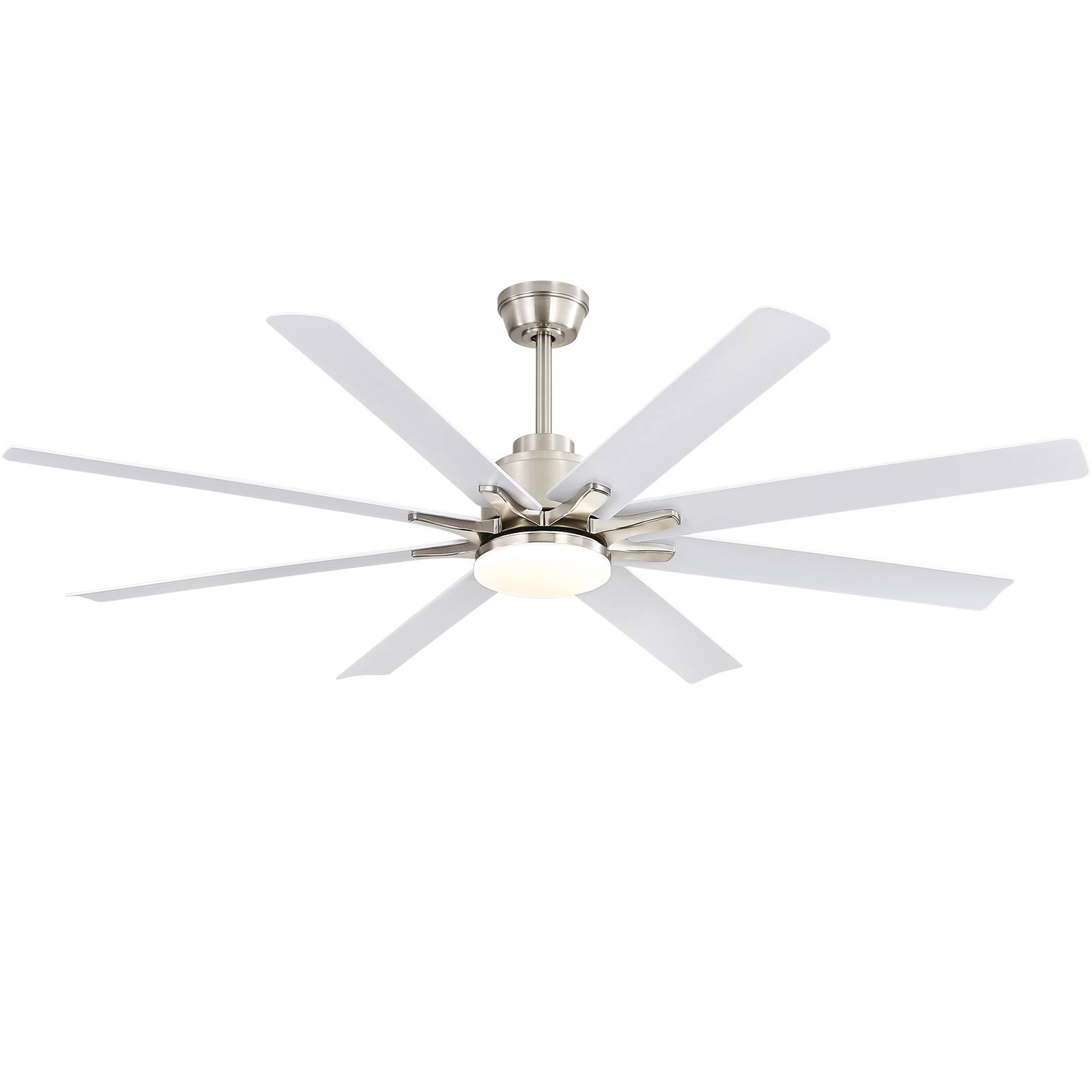 Left. Sofucor - 66" Windmill Smart APP Ceiling Fan with Lights and Remote 3 Downrod Indoor Farmhouse Ceiling Fans for Kitchen Bedroom - Nickel White.