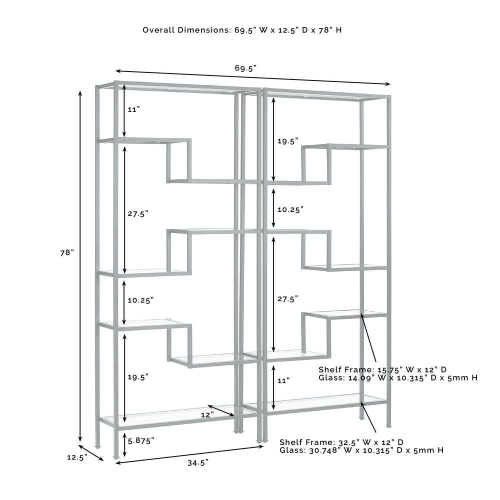 Overall Dimensions: 69.5" W x 12.5" D x 78" H

Shelf Frame: 15.75" W x 12" D
Glass: 14.09" W x 10.315" D x 5mm H

Shelf Frame: 32.5" W x 12" D
Glass: 30.748" W x 10.315" D x 5mm H