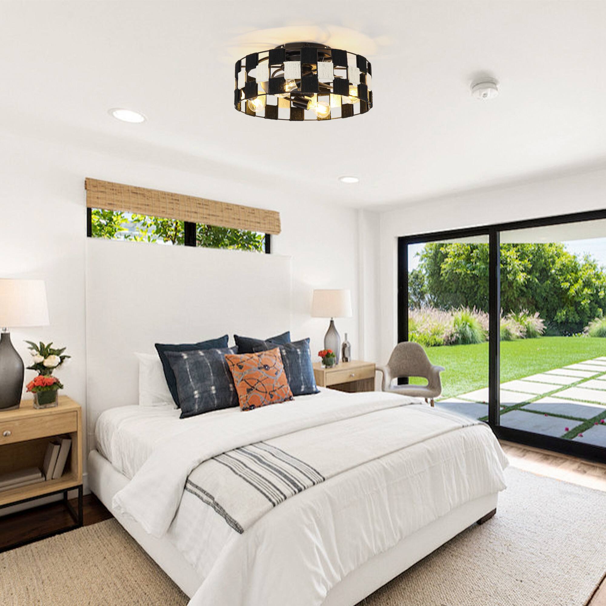 Left. Parrot Uncle - 17.7 in. Rope Checkerboard Caged Smart Ceiling Fan with Light, Remote and APP Control - Black.