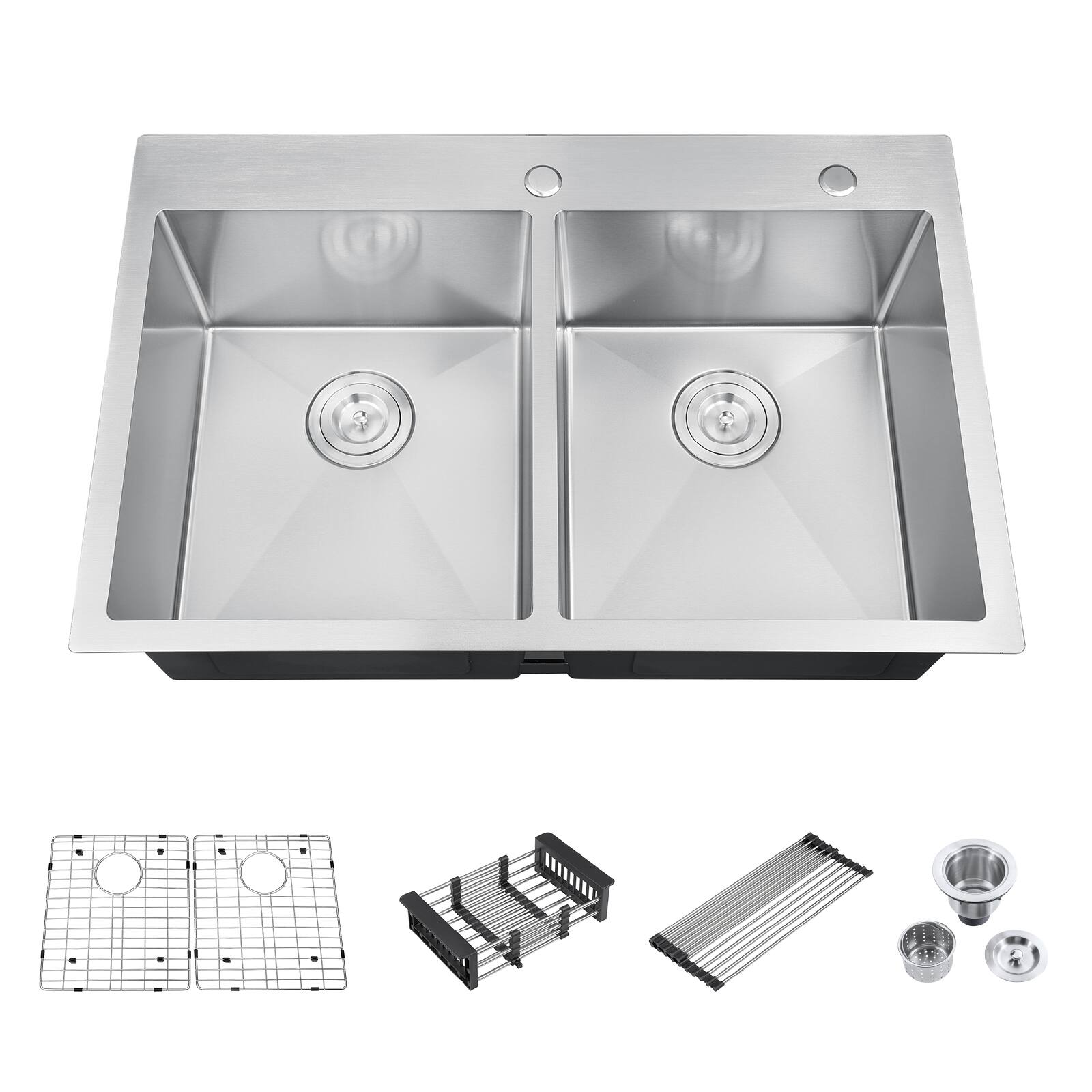 Alt View 8. Akicon - Akicon 33 in. Drop-in Double Bowl 20-Gauge Silver Nano-Coated Kitchen Sink with Grid, Strainer, Colander and Rollup Rack - Silver.