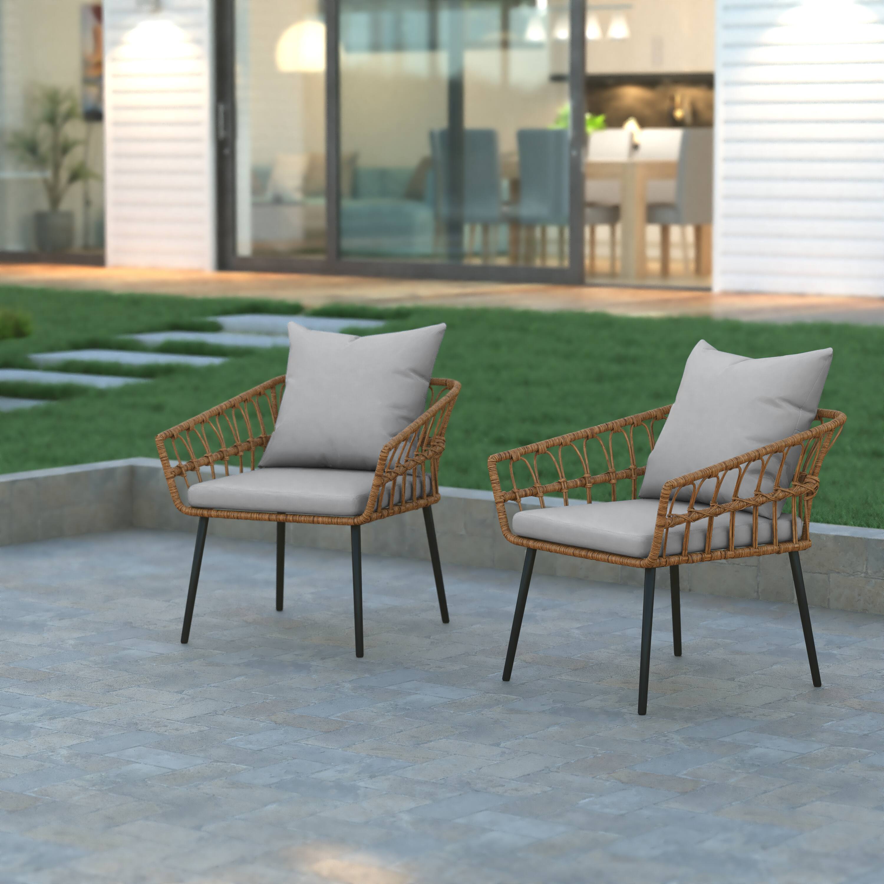 Alt View 2. Emma + Oliver - Auden Indoor/Outdoor Bohemian Natural Rattan Rope Patio Chairs with Open Weave Design and Removable Plush Cushions - Gray Cushions/Natural Frame.