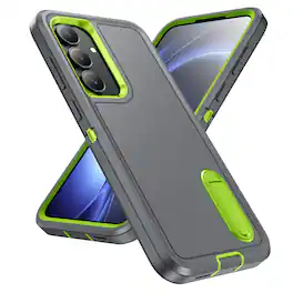 Dteck - Heavy Duty Case for Samsung Galaxy S25 FE with Foldable Kickstand,Dual-Layer Shockproof Hard PC Soft Silicone Cover - Gray+Green