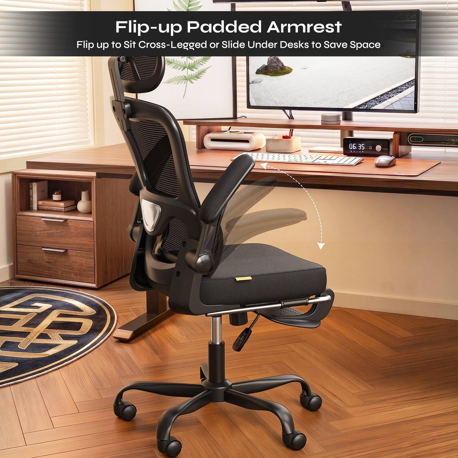 Flip-up Padded Armrest  
Flip up to Sit Cross-Legged or Slide Under Desks to Save Space