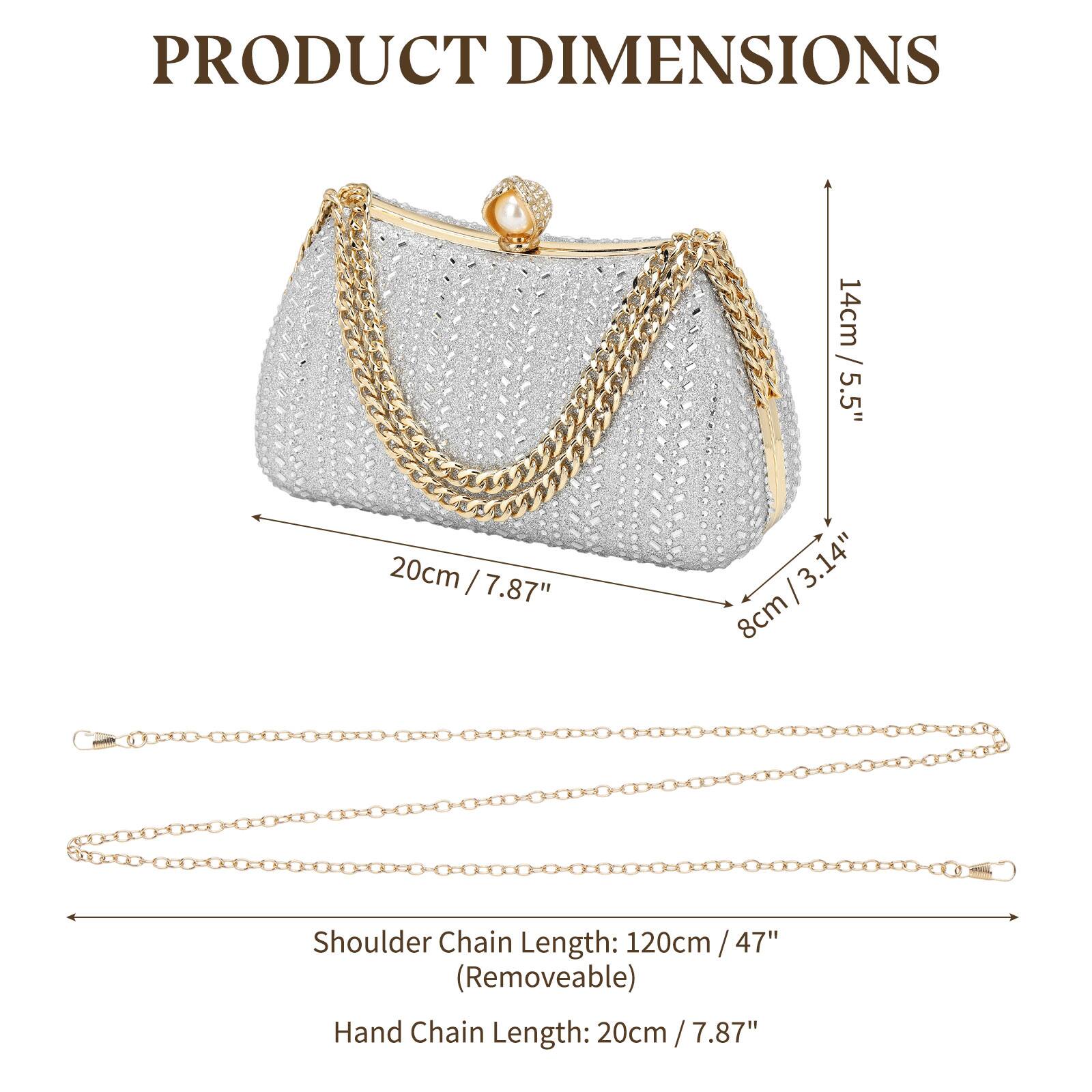 PRODUCT DIMENSIONS

- Height: 14cm / 5.5"
- Width: 20cm / 7.87"
- Depth: 8cm / 3.14"

Shoulder Chain Length: 120cm / 47" (Removable)

Hand Chain Length: 20cm / 7.87"