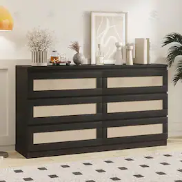 GARVEE - Rattan Dresser with 6 Drawers, Modern Farmhouse Wide Chest for Bedroom, Closet, Living Room - Black