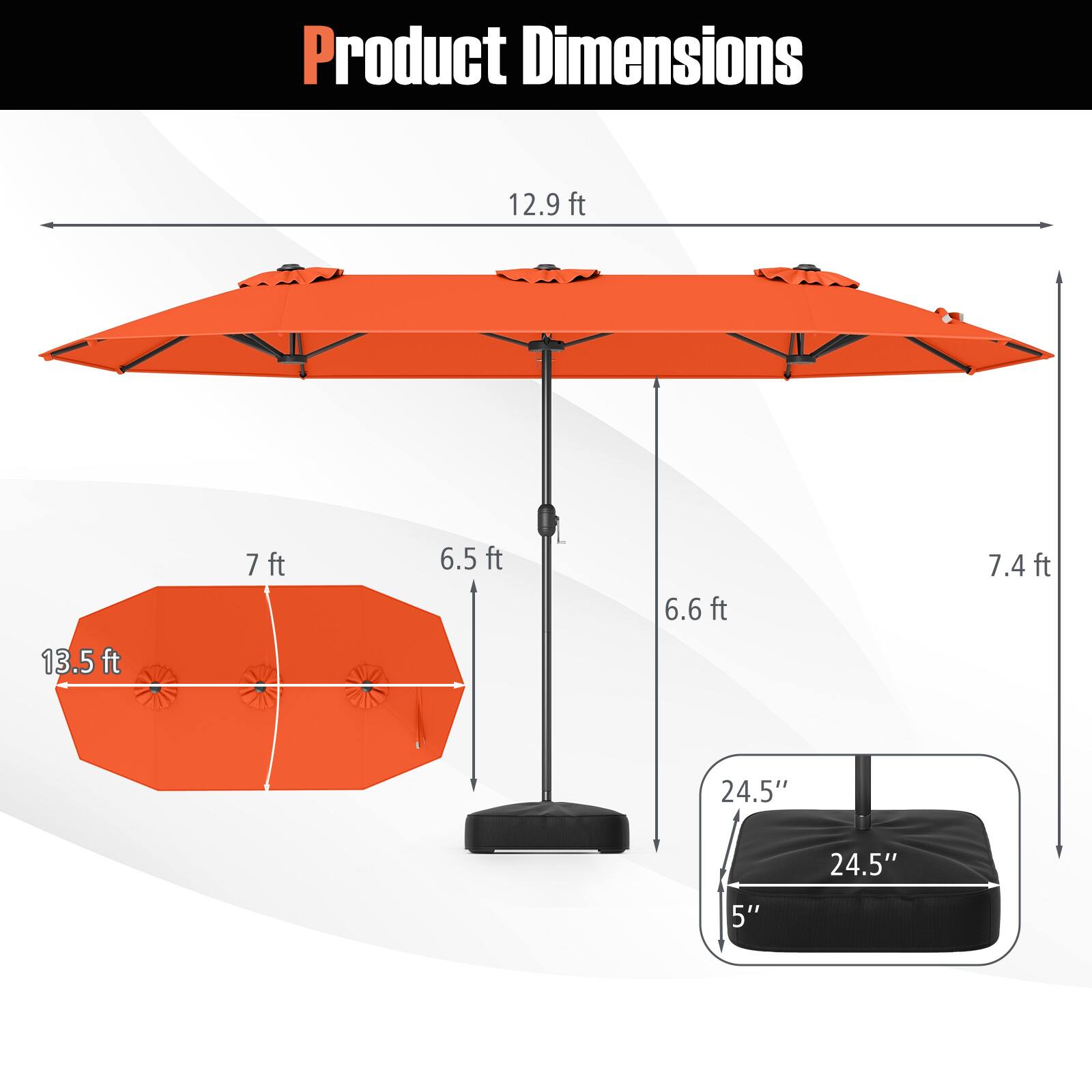 Product Dimensions: 12.9 ft, 13.5 ft, 7 ft, 6.5 ft, 6.6 ft, 7.4 ft, 24.5", 24.5", 5"