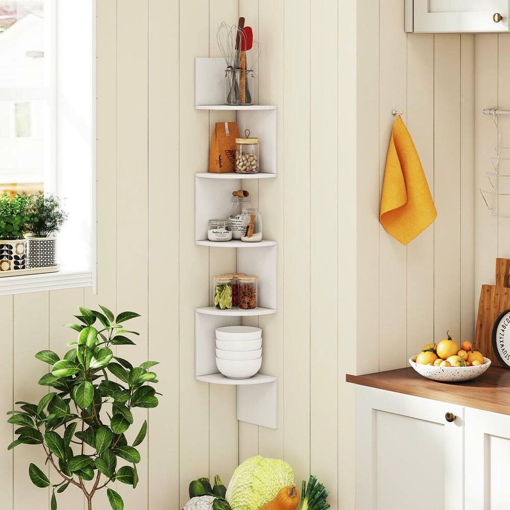 Left. Kadyn - 5-Tier Corner Shelf - Wall-Mounted Floating Bookshelf, Storage Organizer, White - White.