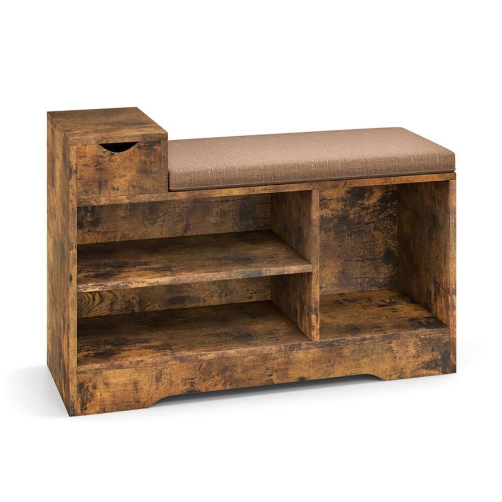 Kadyn - Entryway Storage Shoe Bench with 1 Storage Drawer and 3 Open Compartments-Rustic Space-Saving Shoe Rack Organizer - Brown