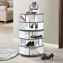 Kings Brand Furniture - 5-Tier Rotating Shoe Rack, 360° Revolving Lazy Susan Spinning Shoe Rack Tower Storage Organizer - White