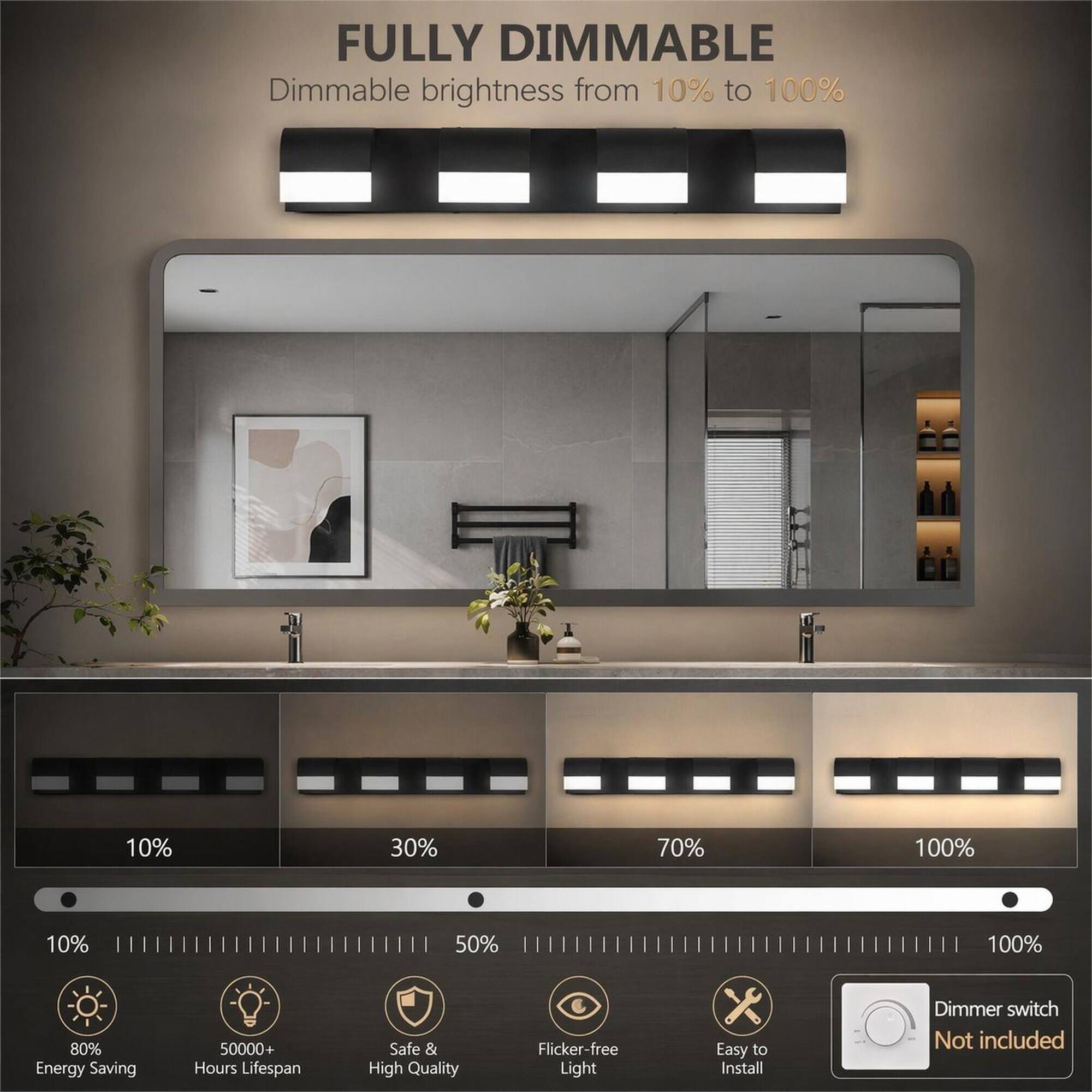 FULLY DIMMABLE  
Dimmable brightness from 10% to 100%  
10%  
30%  
70%  
100%  
10%  
50%  
100%  
80% Energy Saving  
50000+ Hours Lifespan  
Safe & High Quality  
Flicker-free Light  
Easy to Install  
Dimmer switch Not included