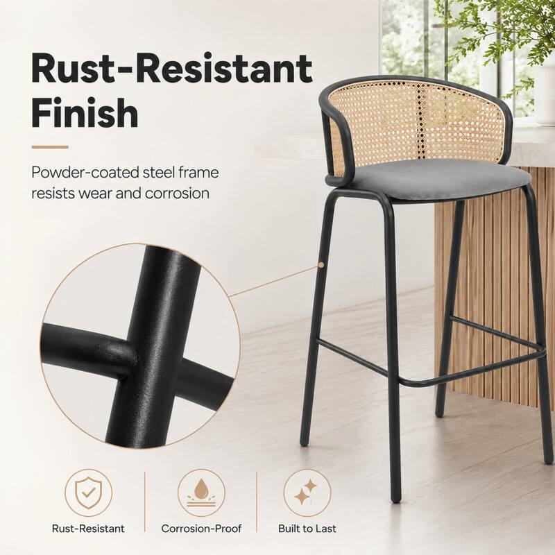 LeisureMod Ervilla Mid Century Modern Wicker Bar Stool, Fabric Seat ...