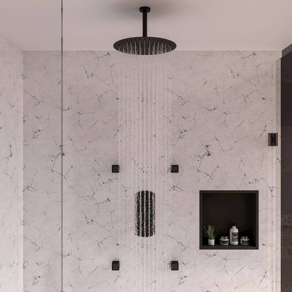 Alt View 1. Alfi - Black Matte 6" Round Ceiling Shower Arm - Black.
