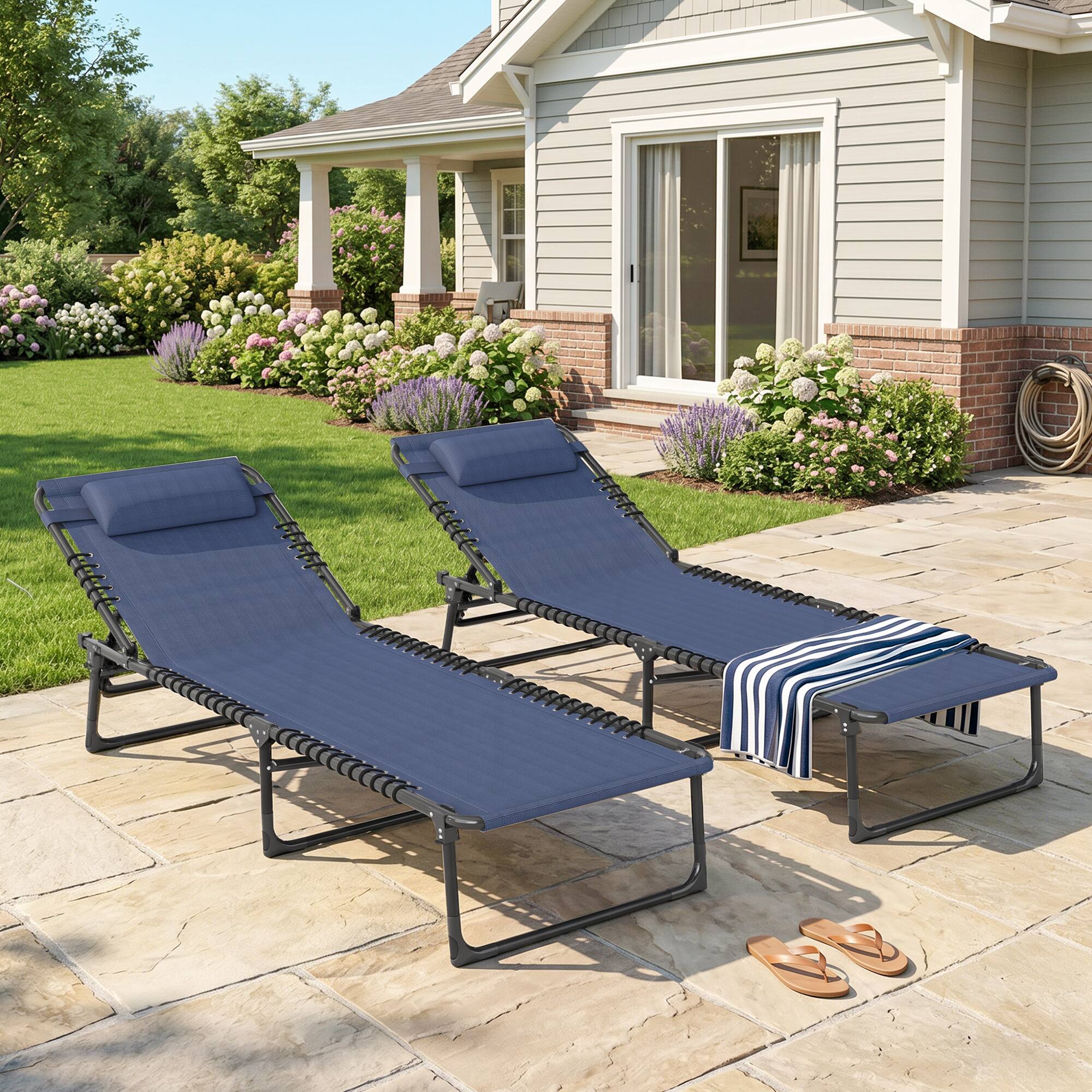 Alt View 1. Outsunny - Folding Chaise Lounge Pool Chairs with 4-Position Reclining Back, Pillow, Breathable Mesh & Bungee Seat - Dark Blue.
