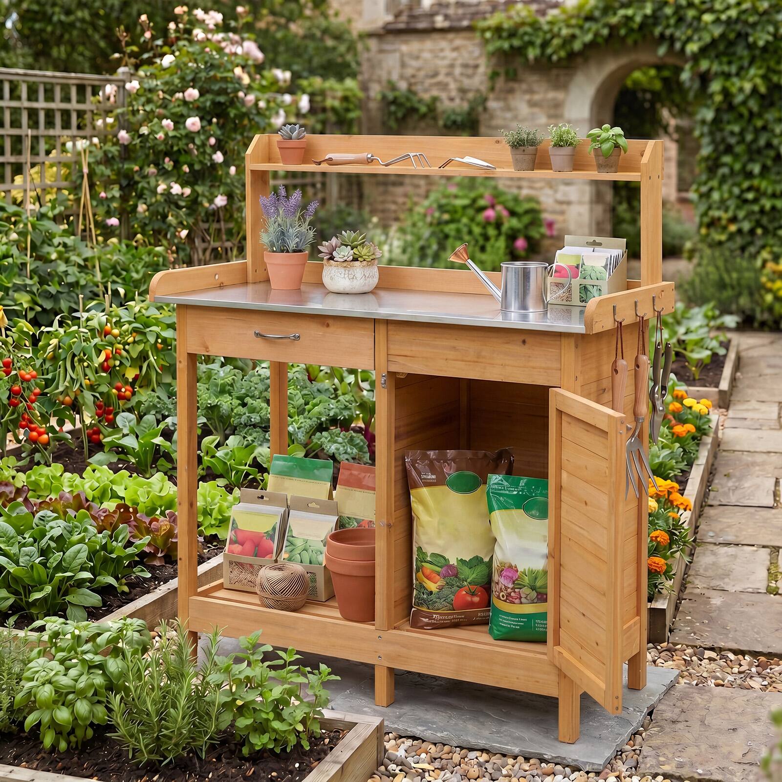 Alt View 4. Costway - Outdoor Potting Bench Garden Wooden Work Station Metal Tabletop Cabinet Drawer - Natural.