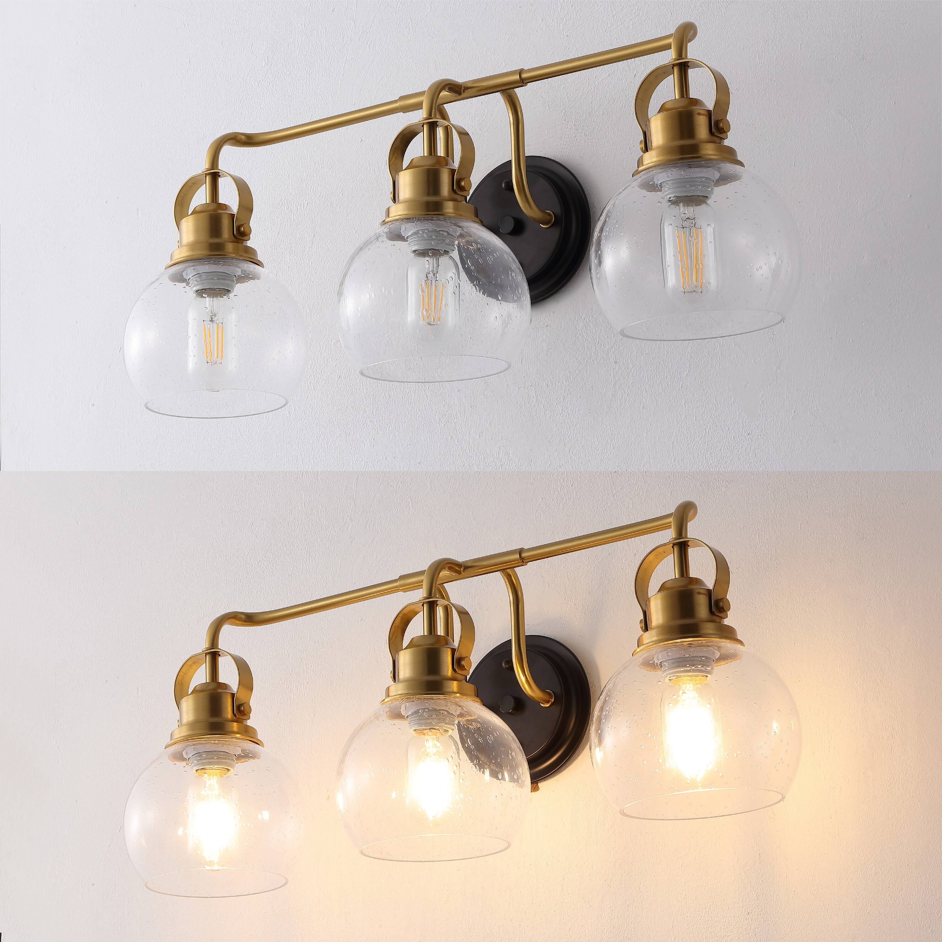 Alt View 4. Jonathan Y - Shirley 24" 3-light Farmhouse Metal LED Vanity Light with Seeded Glass Globe Shades, Brass Gold/Oil Rubbed Bronze - Brass Gold/Oil Rubbed Bronze.
