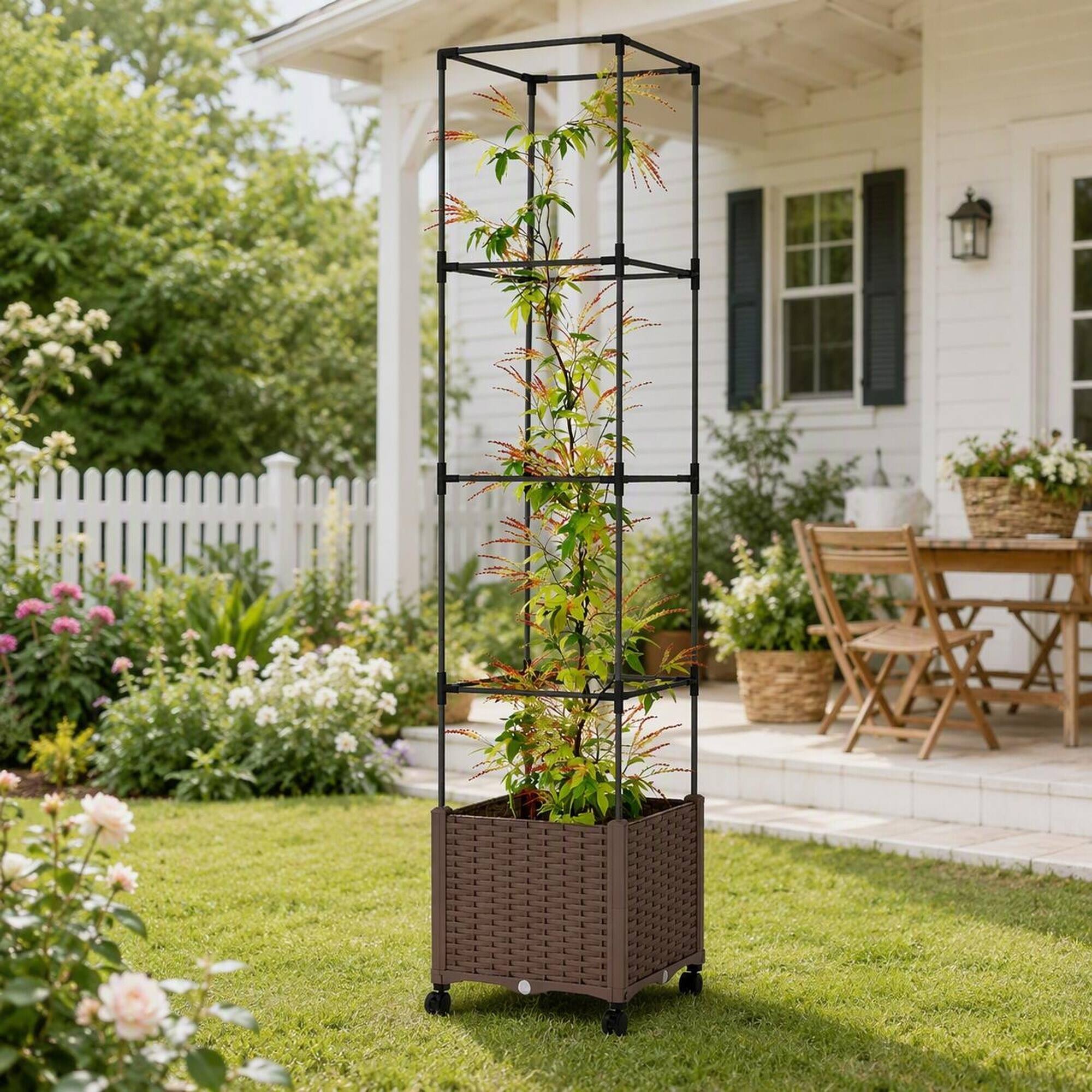 Alt View 1. RYHNUYNE - Mobile Raised Garden Bed with Adjustable Trellis and Self-Watering Planter Box on Wheels, 15.7 by 15.7 by 71.7 - Brown.