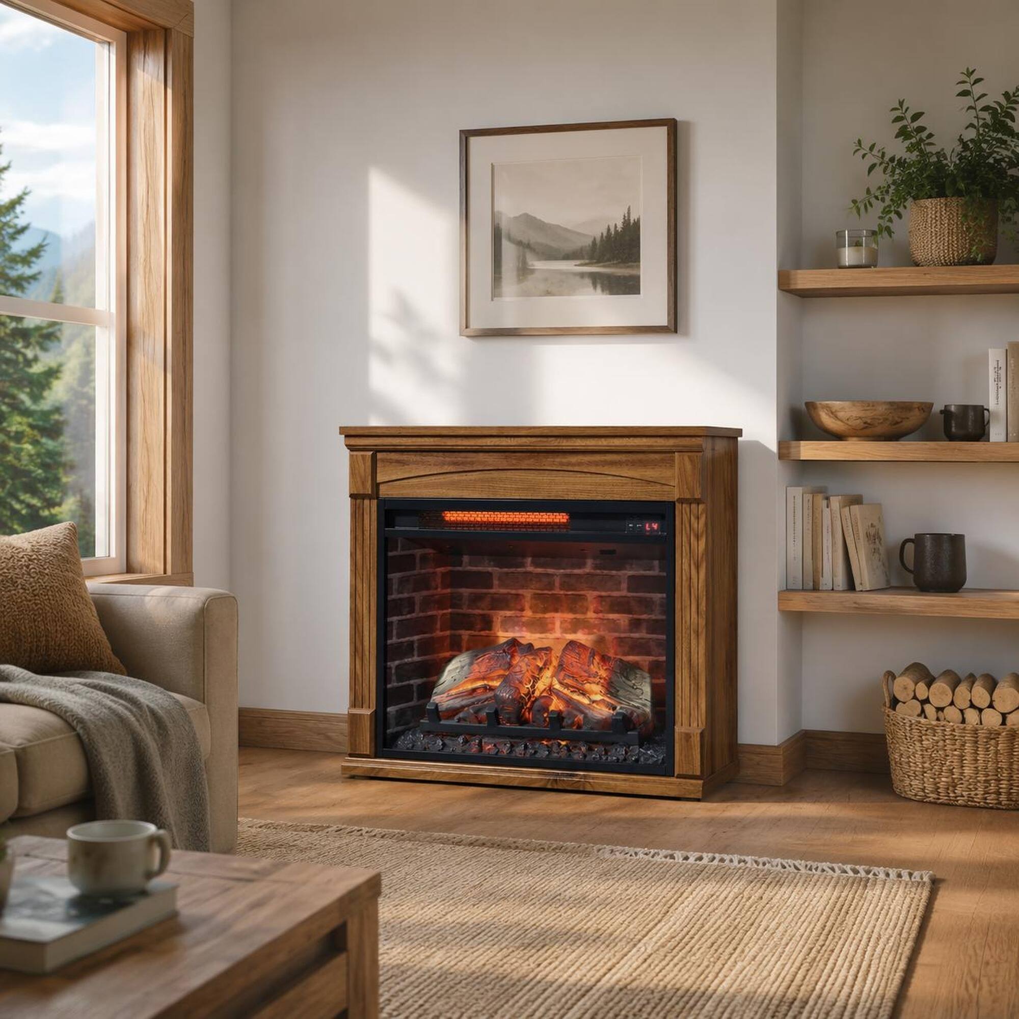 Left. RYHNUYNE - 28 Inch TV Media Entertainment Center with Electric Fireplace – Mobile Stand with Caster Wheels - Dark Oak.