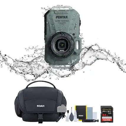 The image features a waterproof camera, specifically a Pentax WG-1000, along with a waterproof bag and other accessories. The camera is placed on top of a water drop, showcasing its waterproof capabilities. The accessories include a waterproof case, a waterproof bag, and a waterproof pouch. The image also features a SanDisk memory card, which is compatible with the camera.