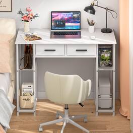 Fabibe - Computer Desk With Drawers 37.3 Inch Home Office Work Storage Shelf Teens Study Table For Small Space Writing Pc Office - White