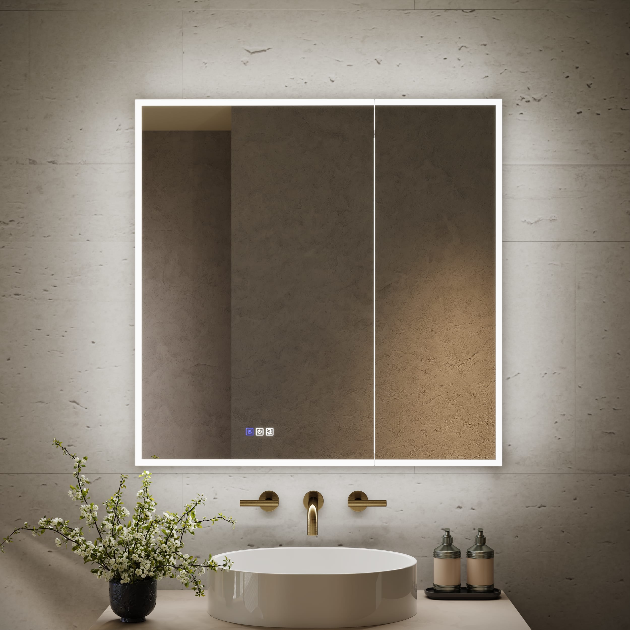 WELLFOR - 36 in. W x 36 in. H Square Recessed/Surface Mount LED Medicine Cabinet with Mirror, 3x Magnifier, USB, Type C - Silver