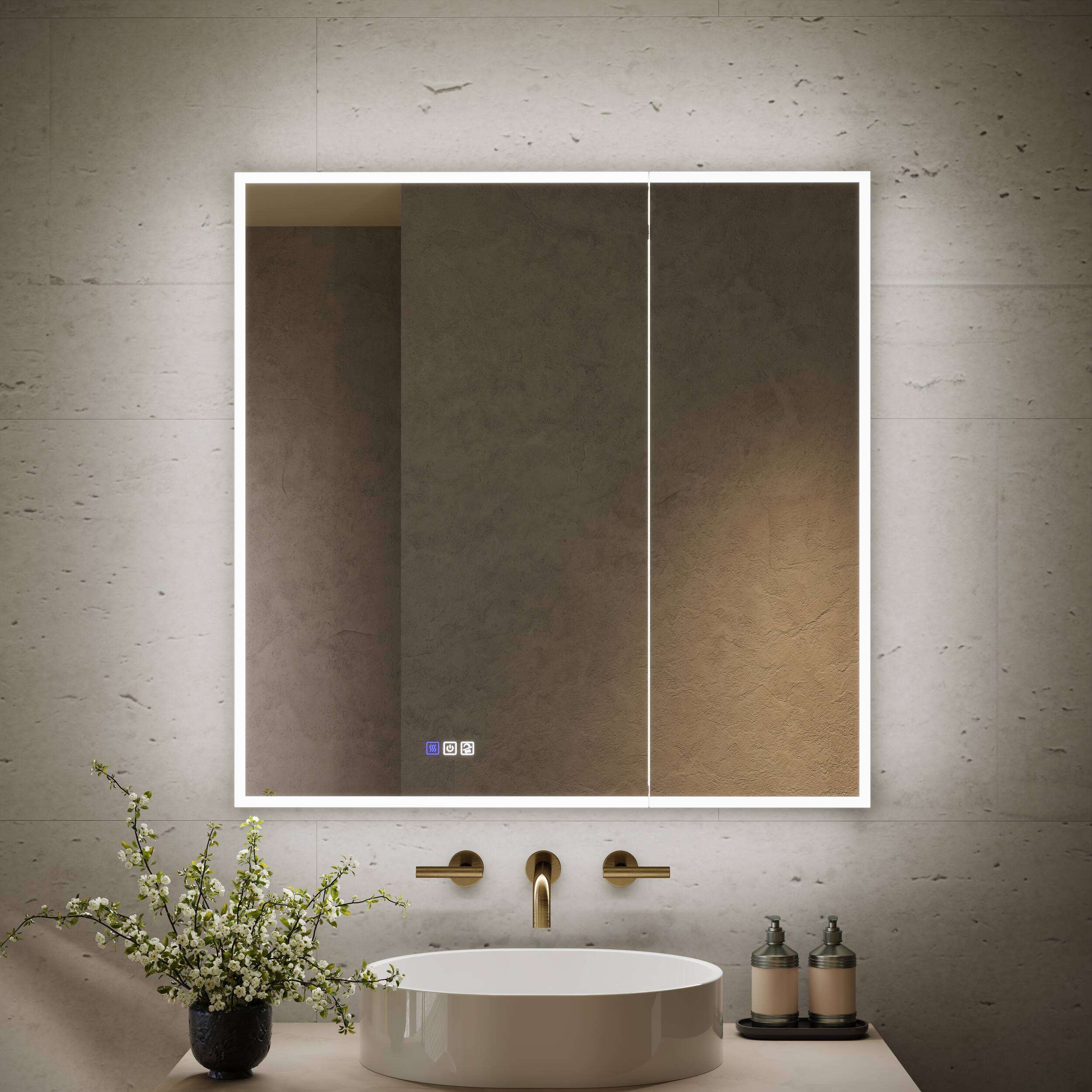 Front. WELLFOR - 36 in. W x 36 in. H Square Recessed/Surface Mount LED Medicine Cabinet with Mirror, 3x Magnifier, USB, Type C - Silver.