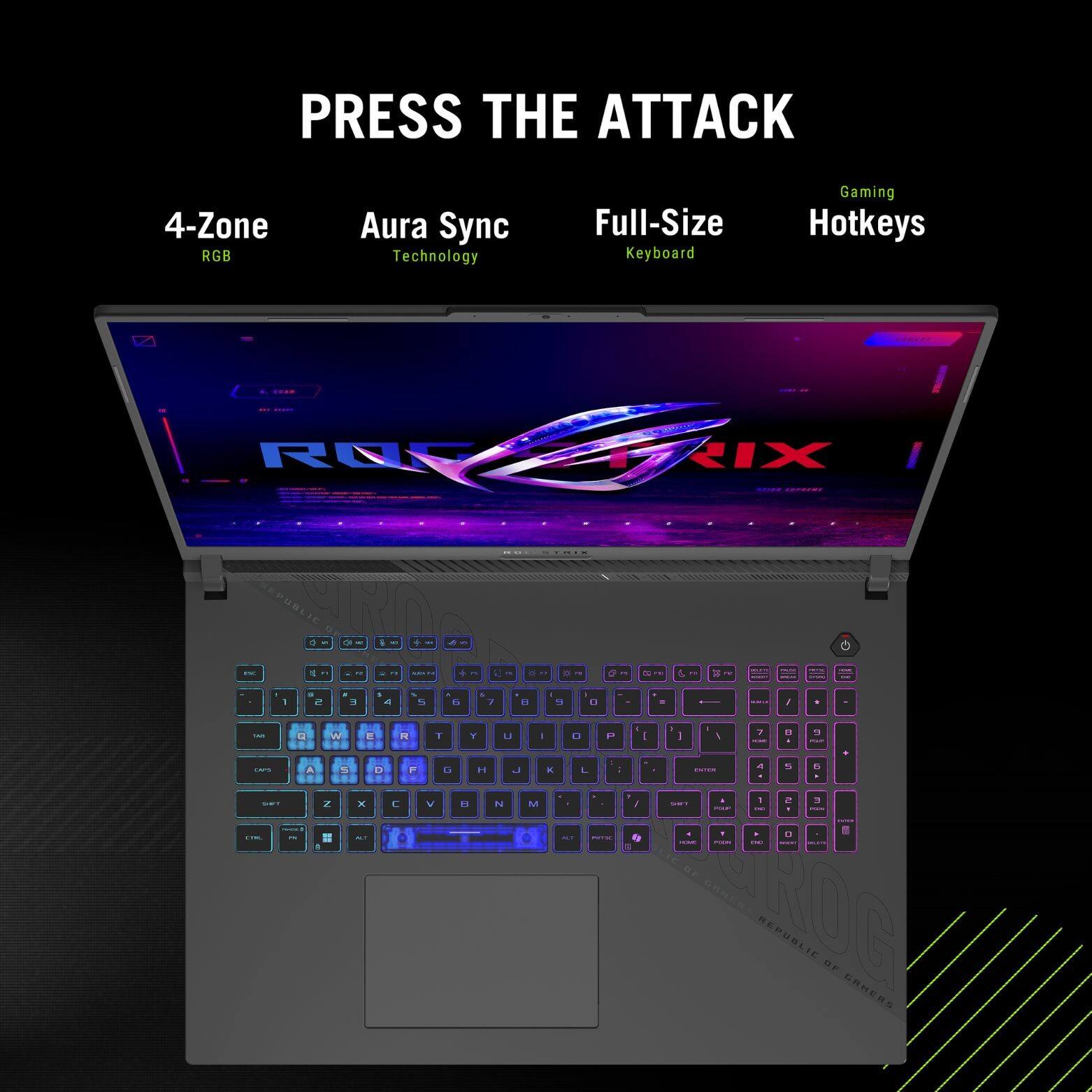 PRESS THE ATTACK

4-Zone RGB Aura Sync Technology Full-Size Keyboard Gaming Hotkeys

ROG REPUBLIC OF GAMERS