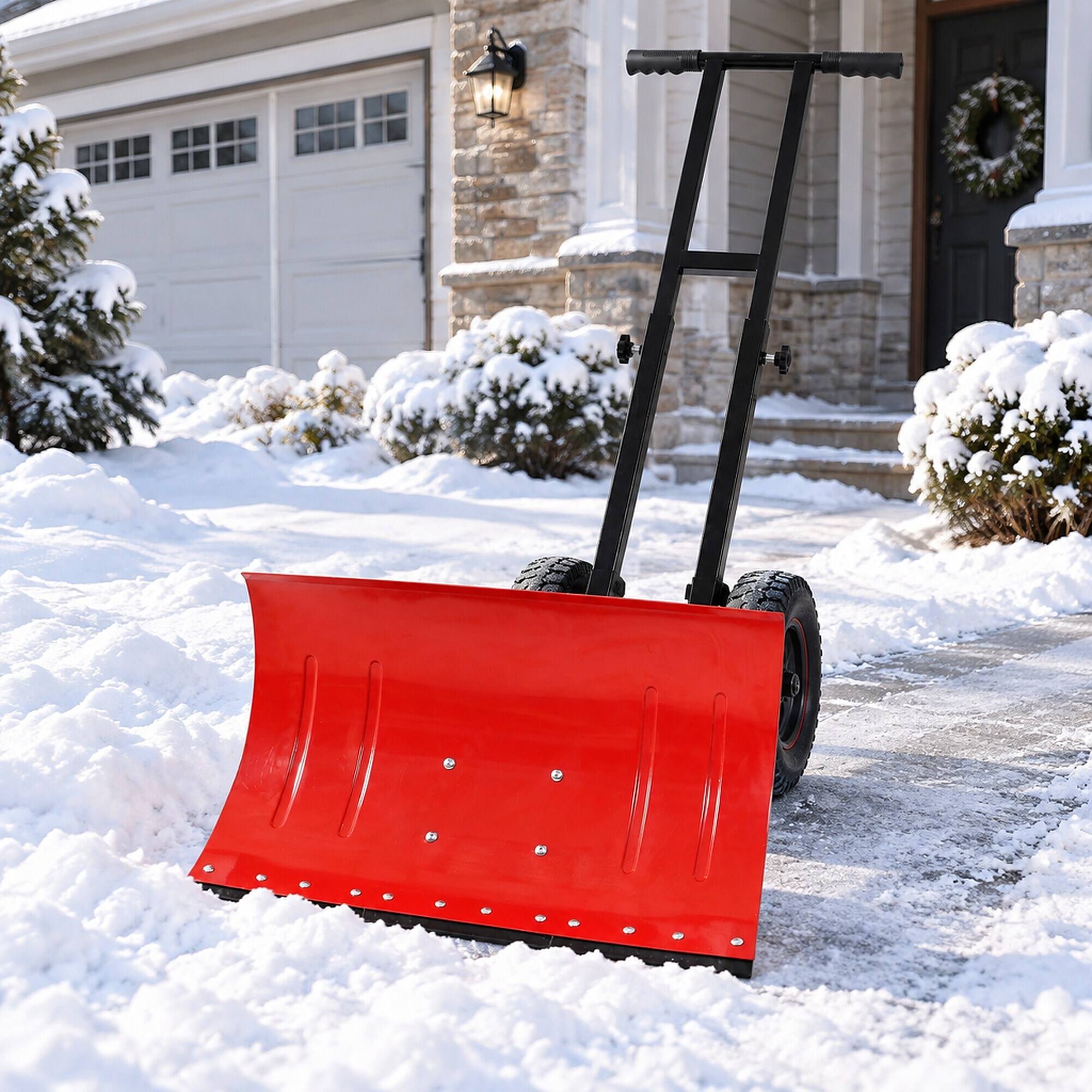 Angle. RYHNUYNE - Dual Bar Snow Shovel with Wheels, 29 in Blade, 10 in Rubber Wheels, Adjustable Handle, Snow Pusher - Black+Red.