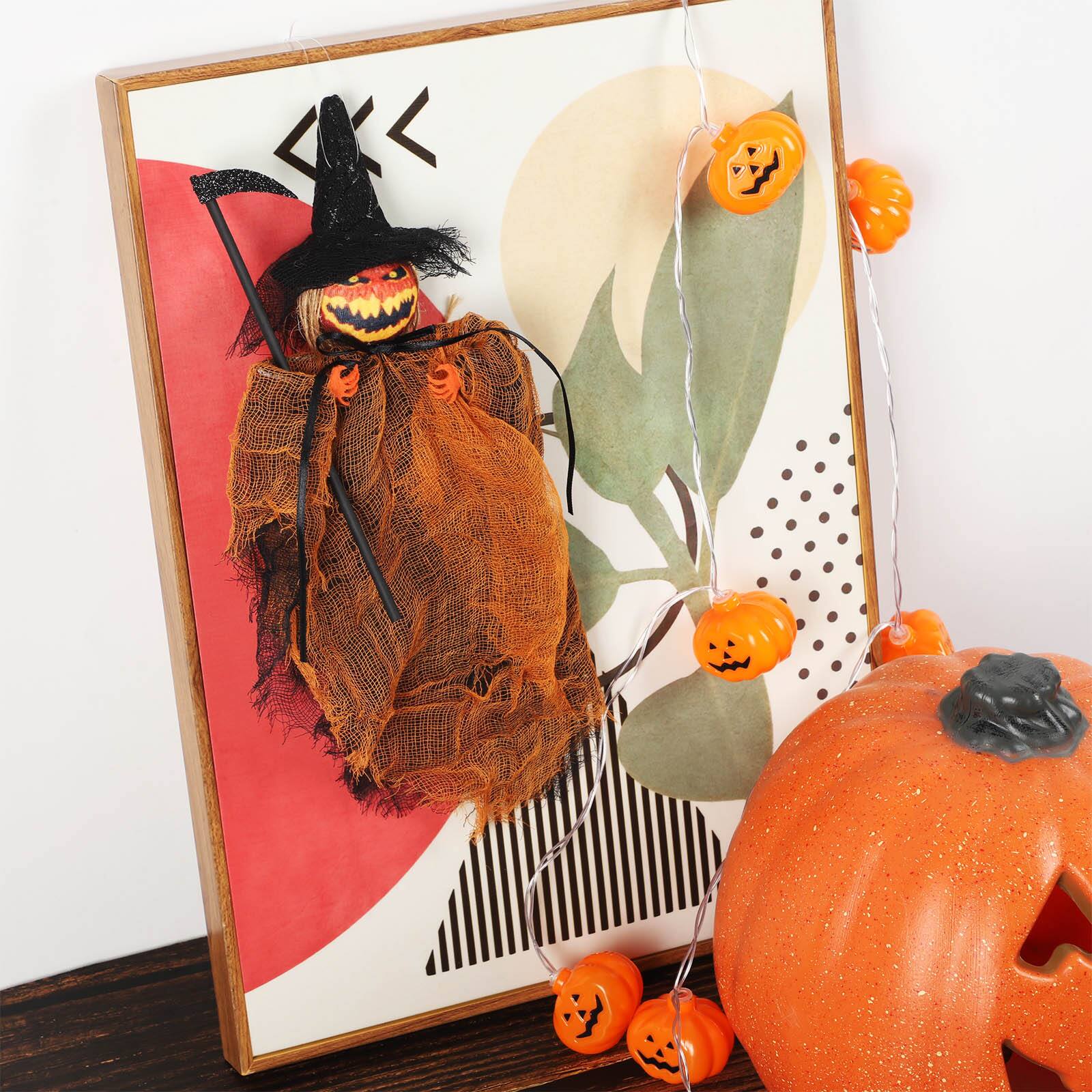 Alt View 2. Oumilen - 12.2 Inch Halloween Hanging Pumpkin Reaper Ornament, Spooky Scarecrow Pendant with Scythe for Door Wall Decor, Orange - Orange.