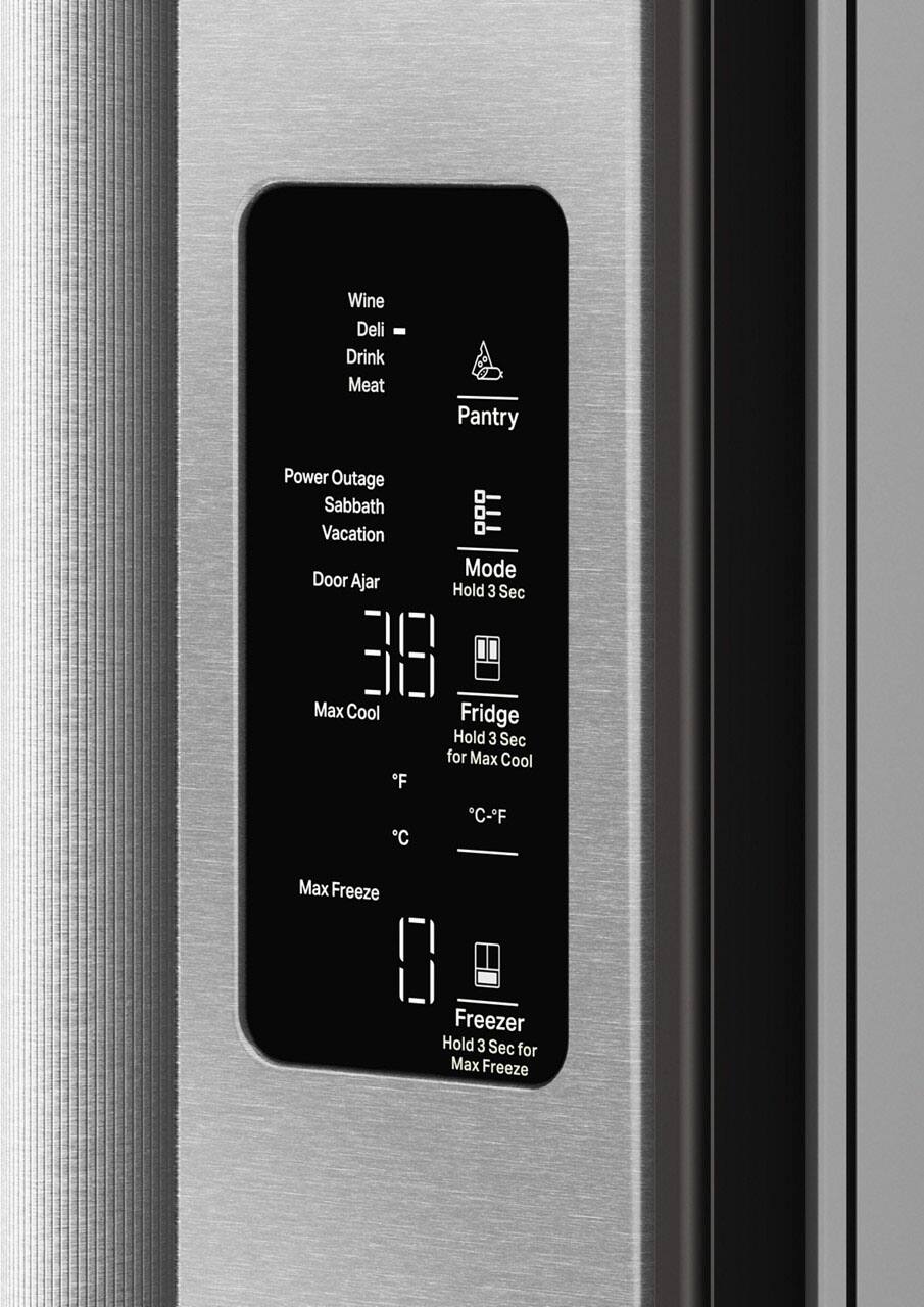 Wine  
Deli  
Drink  
Meat  

Pantry  

Power Outage  
Sabbath  
Vacation  
Door Ajar  

Mode  
Hold 3 Sec  

Fridge  
Hold 3 Sec for Max Cool  

Max Cool  
°F  
°C  

Freezer  
Hold 3 Sec for Max Freeze  

Max Freeze  

31.8  
°F  
°C