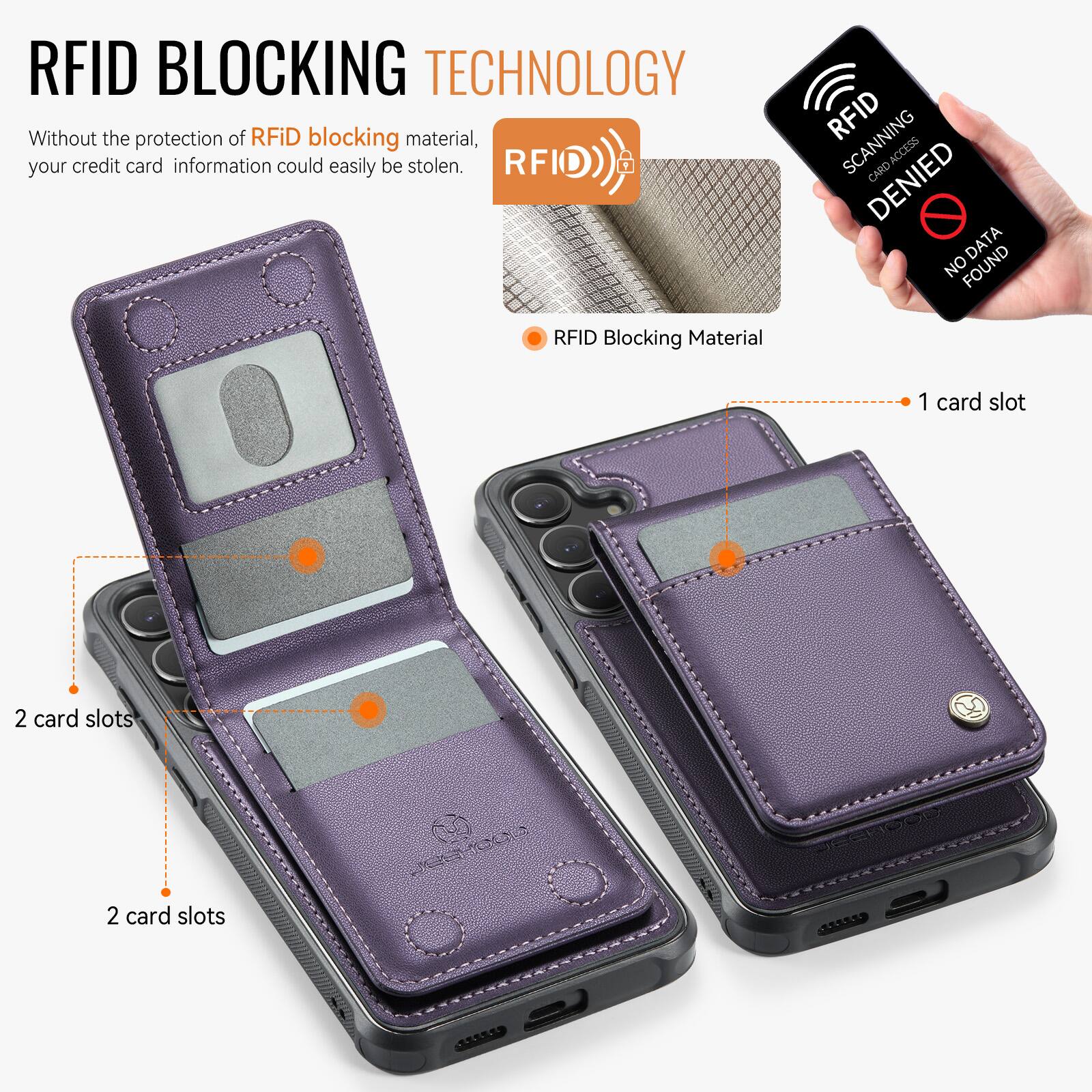 RFID BLOCKING TECHNOLOGY

Without the protection of RFID blocking material, your credit card information could easily be stolen.

RFID Blocking Material

1 card slot

2 card slots

2 card slots