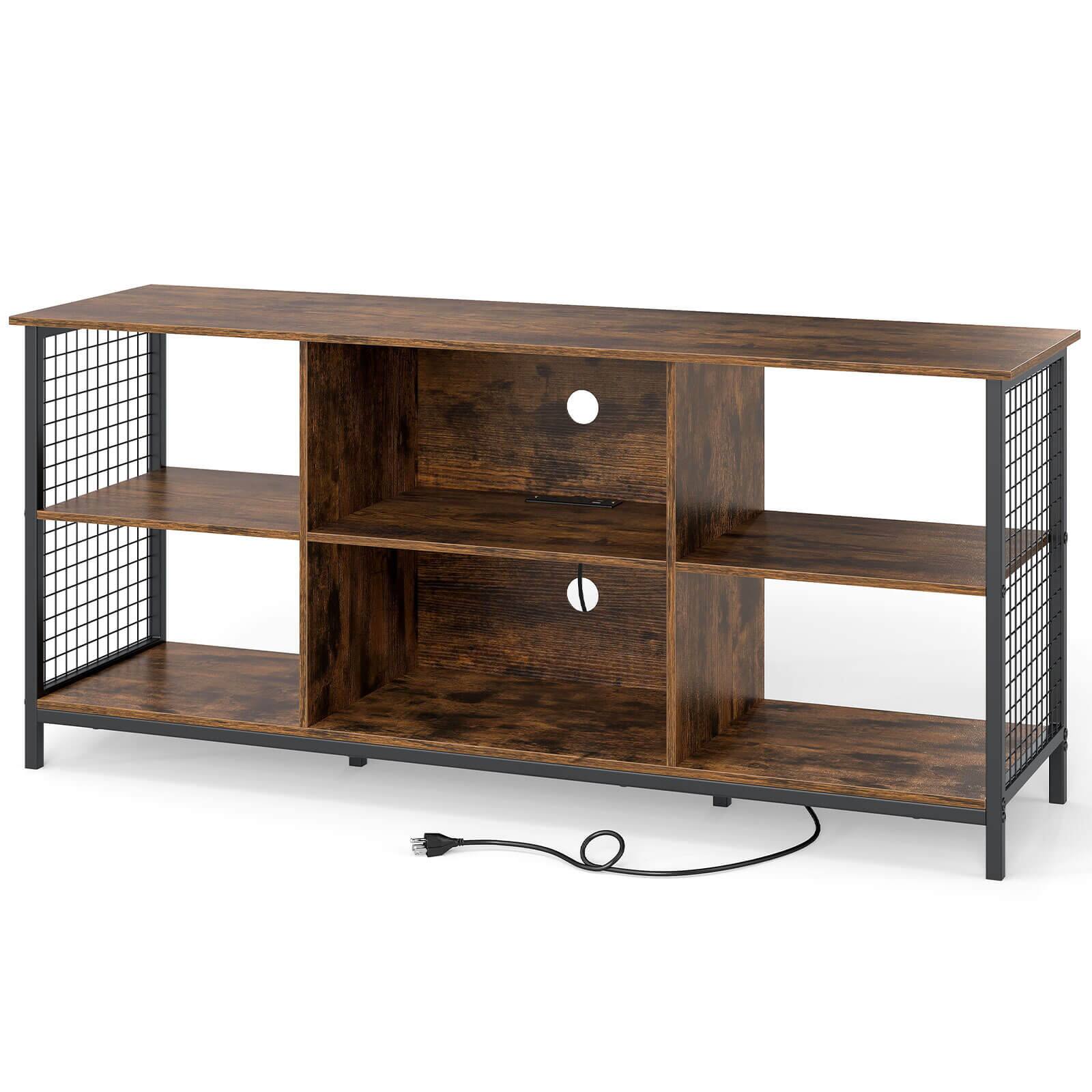 Angle. Costway - Costway 3-Tier TV Stand for TV's up to 65" Entertainment Media Center with Storage Basket - Rustic Brown + Black.
