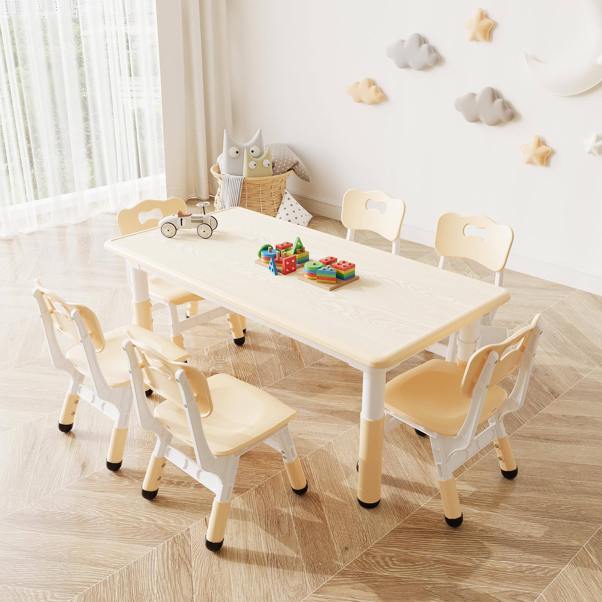 Alt View 4. Acekool - Kids Table & 6 Chairs Set with Storage Box, Graffiti Drawing Desktop, Height Adjustable Table Set for Ages 2-10 - Natural.