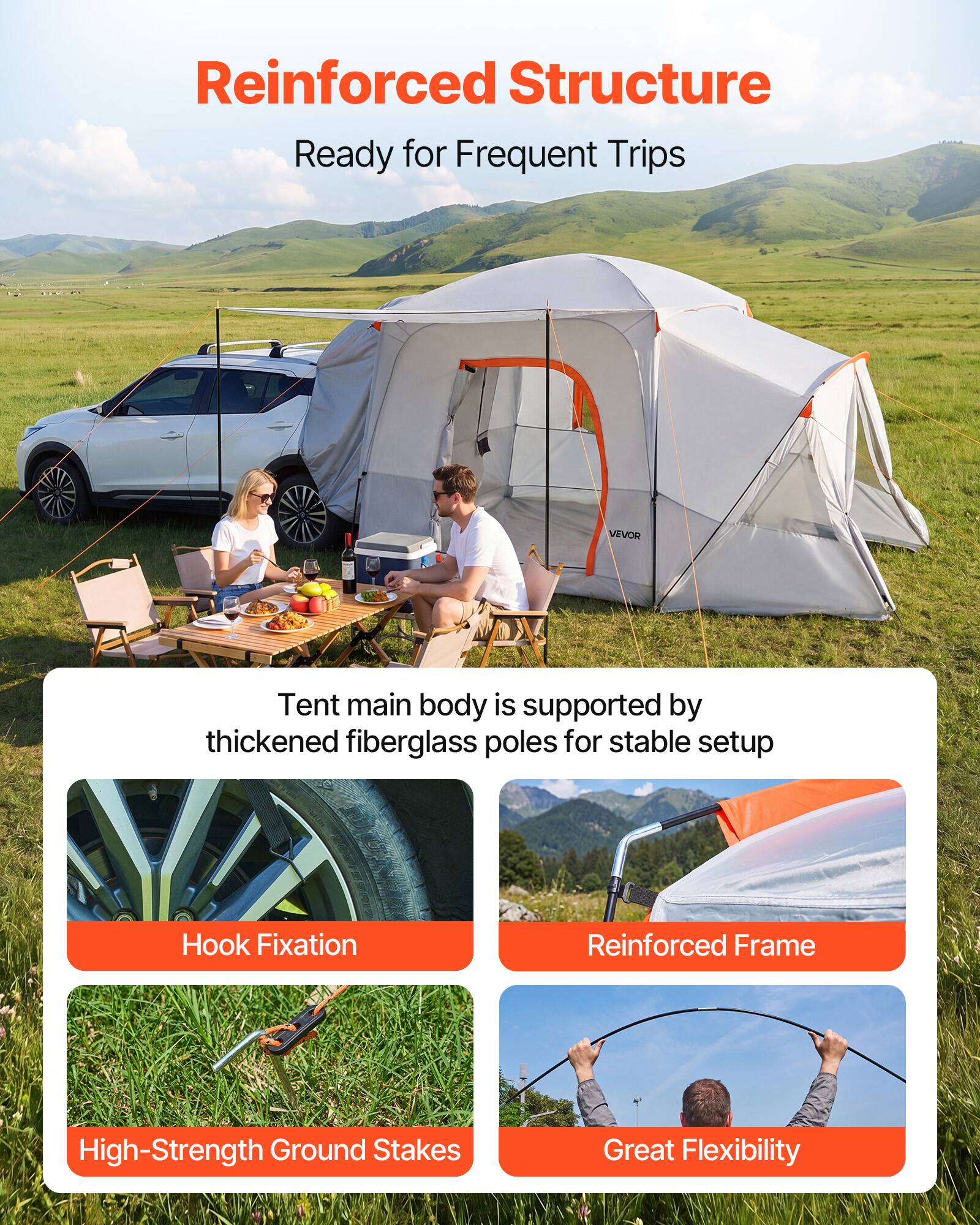 Reinforced Structure Ready for Frequent Trips

VEVOR Tent main body is supported by thickened fiberglass poles for stable setup

Hook Fixation
Reinforced Frame
High-Strength Ground Stakes
Great Flexibility