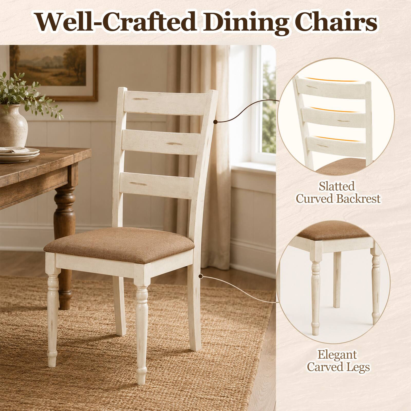 Well-Crafted Dining Chairs

Slatted Curved Backrest

Elegant Carved Legs