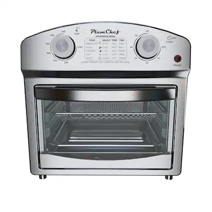 400 350 450
°F Plum Chef
TEMP REFERENCE MENU
FOOD WEIGHT TEMP TIME
FRENCH FRY 0.7 lb 450°F 18 Mins LOW
PIZZA 6 in 400°F 18 Mins
CHICKEN 1.1 lb 450°F 20 Mins
FISH 1.1 lb 350°F 25 Mins
TOAST 4 slices 450°F 4.5 Mins
PLEASE PREHEAT FOR 10 MINUTES BEFORE USING
60
50
40
30
20
10
MIN TIMER OFF
POWER