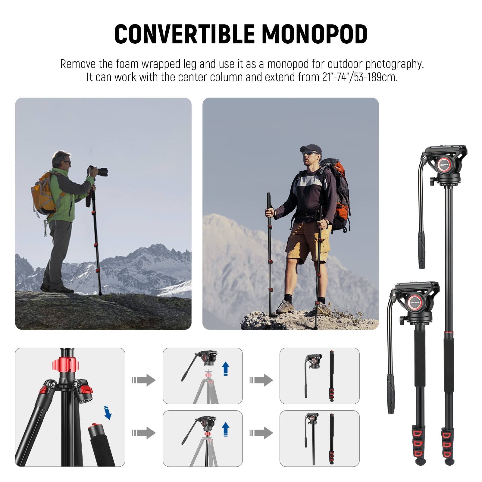 CONVERTIBLE MONOPOD

Remove the foam wrapped leg and use it as a monopod for outdoor photography. It can work with the center column and extend from 21"-74" / 53-189cm.