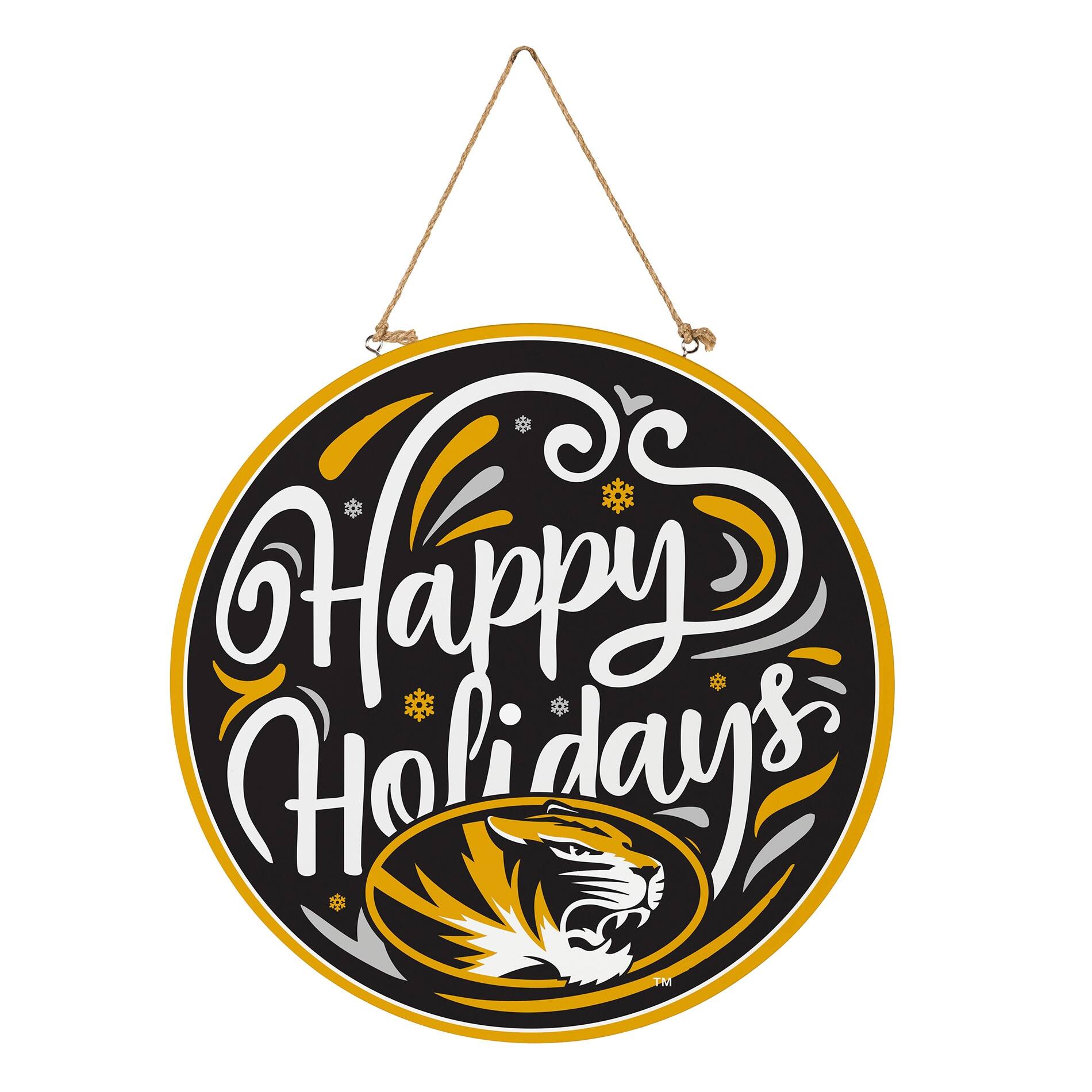 Alt View 2. Evergreen Enterprises - Missouri Tigers 18" Happy Holidays Wooden Round Door Sign - Multicolor.