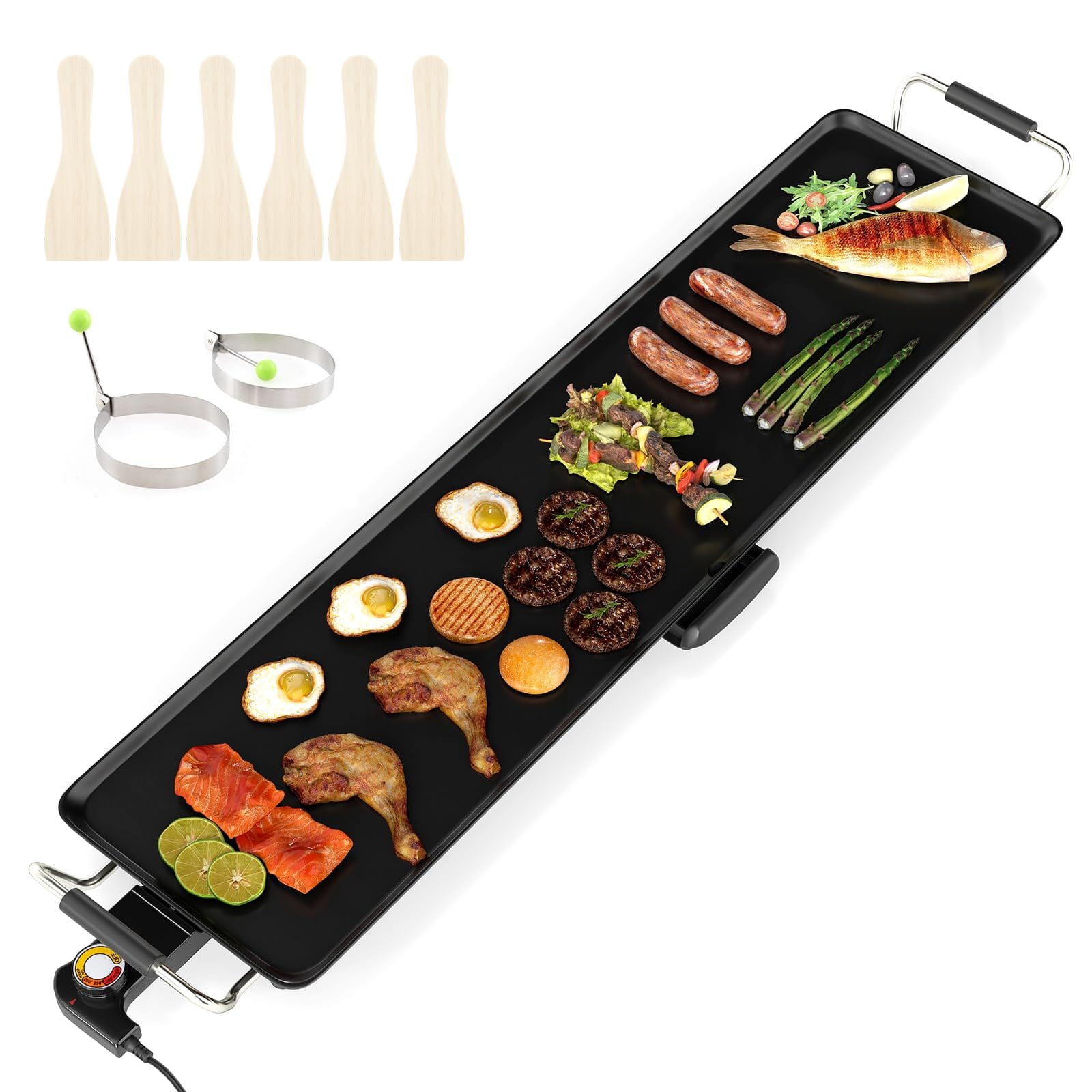 Ecooso - 35" Large Electric Griddle, Nonstick BBQ Grill, Adjustable Temperature, Family Cooking - Black