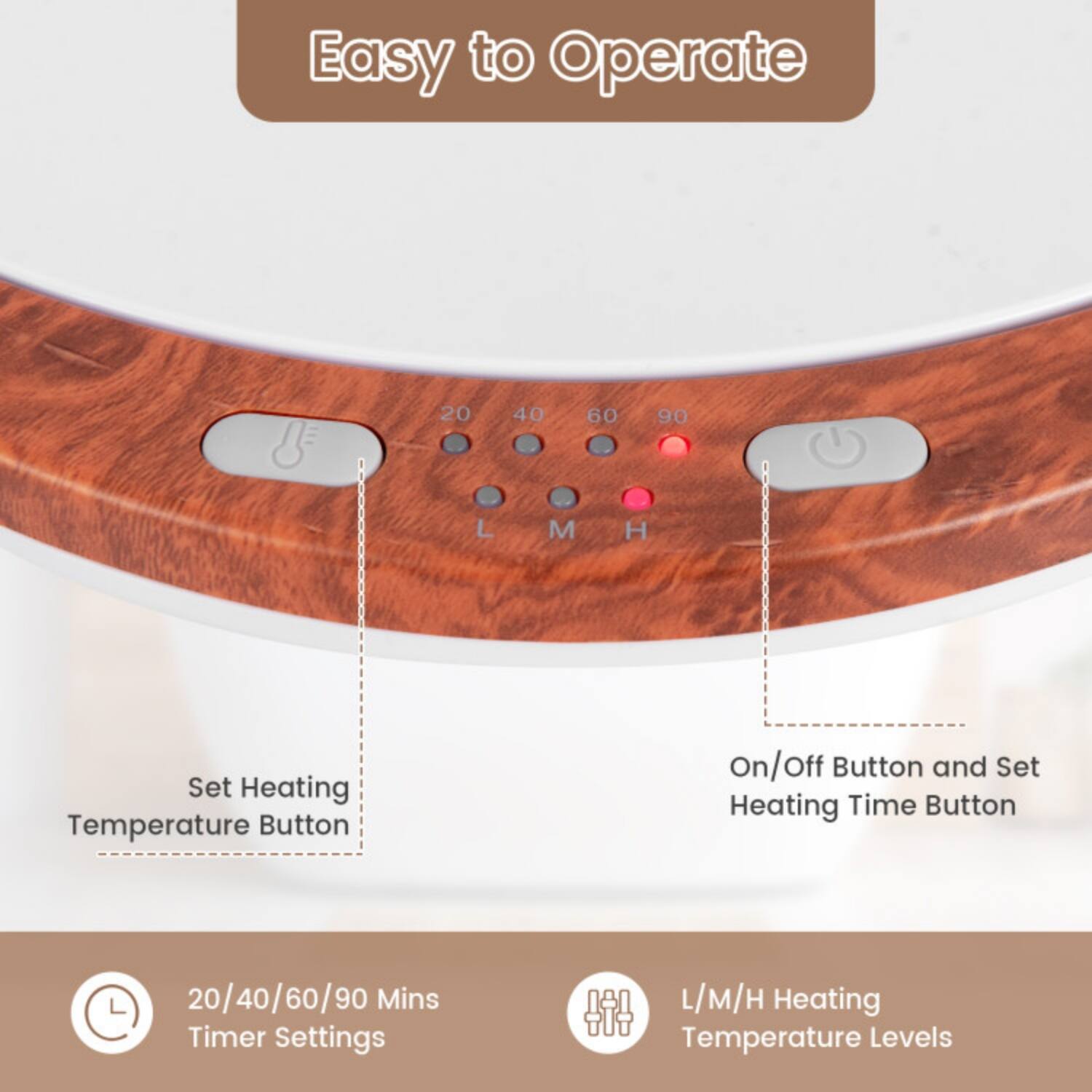 Easy to Operate

- Set Heating Temperature Button
- On/Off Button and Set Heating Time Button

20/40/60/90 Mins Timer Settings

L/M/H Heating Temperature Levels