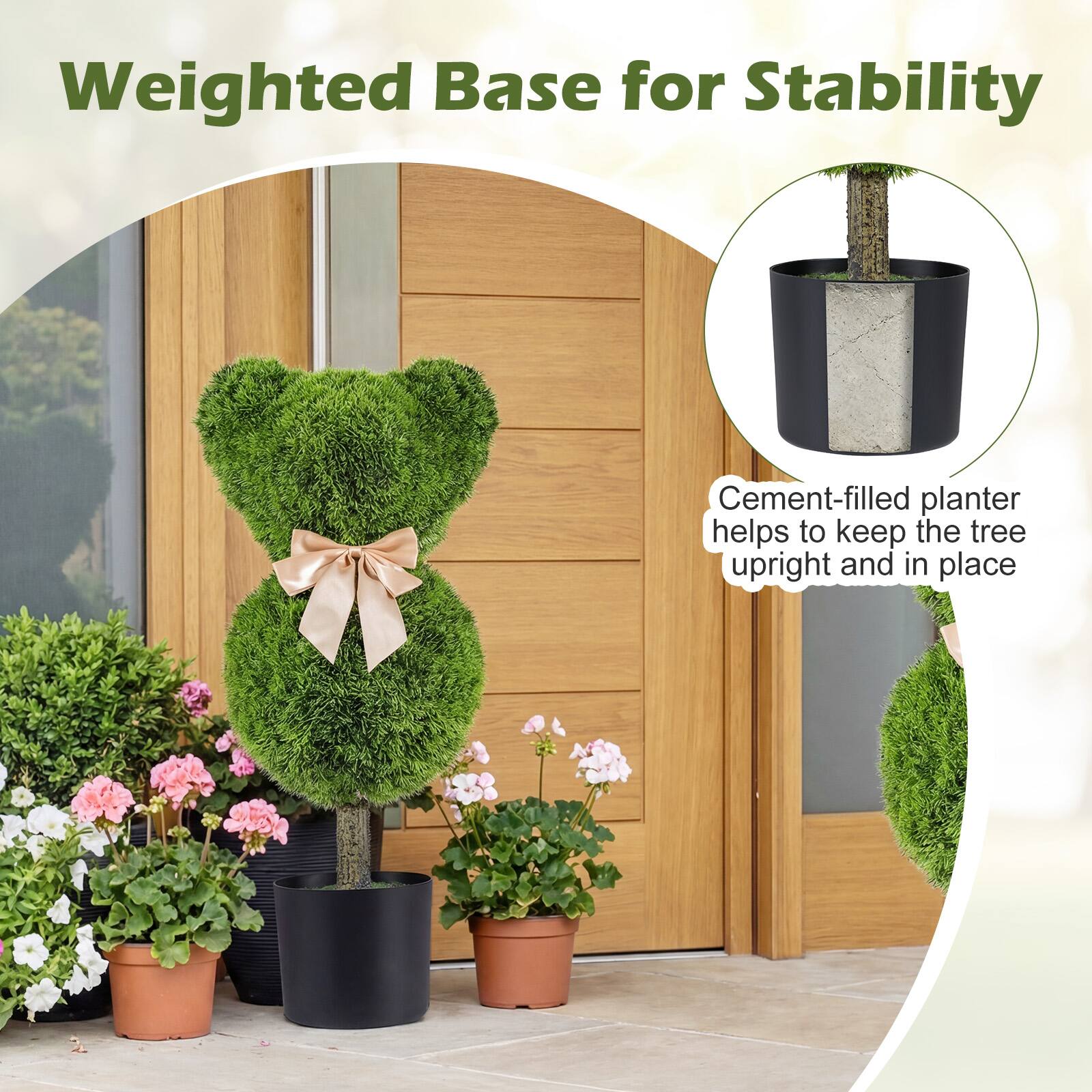 Weighted Base for Stability

Cement-filled planter helps to keep the tree upright and in place