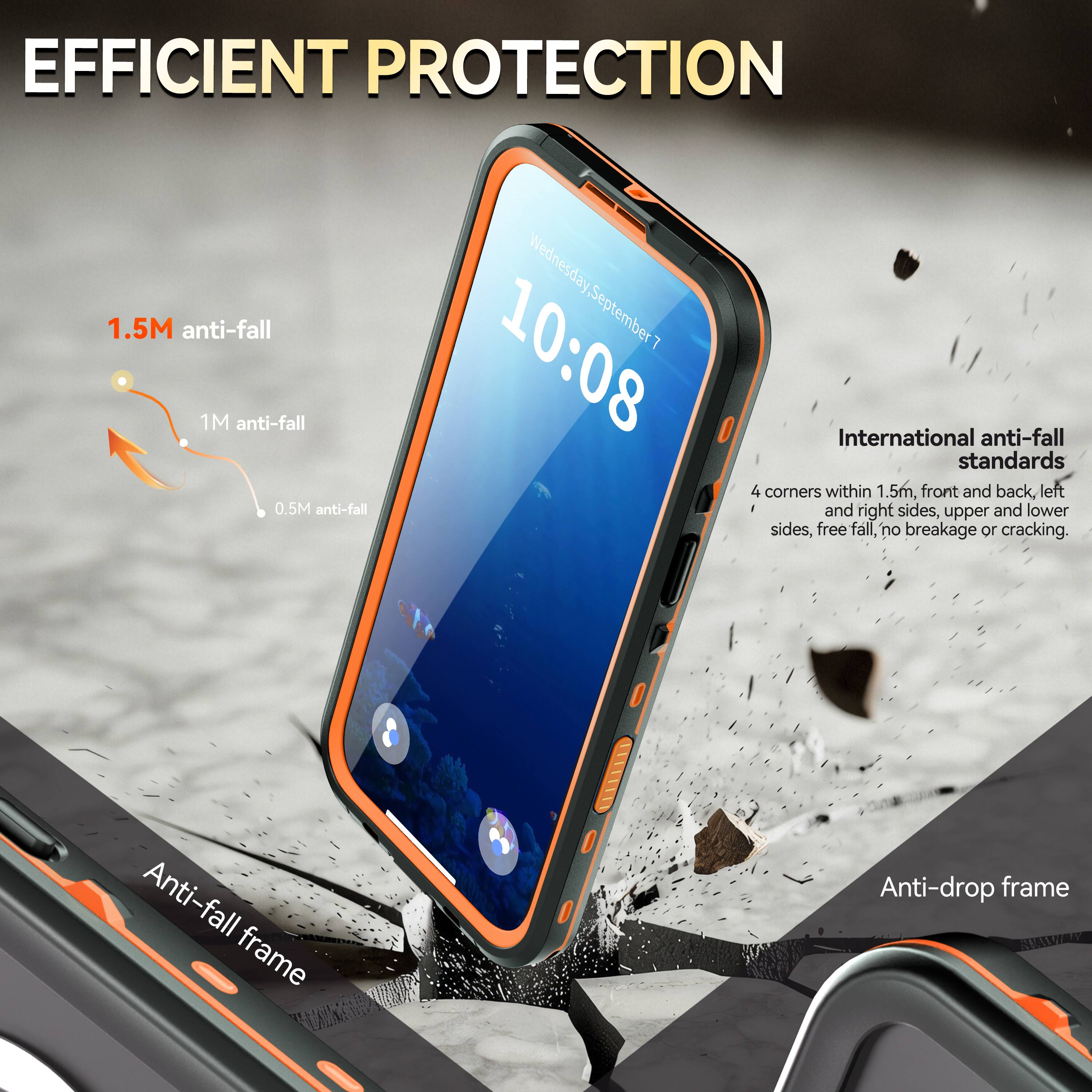 EFFICIENT PROTECTION

1.5M anti-fall  
1M anti-fall  
0.5M anti-fall  

Wednesday, September 7  
10:08  

International anti-fall standards  
4 corners within 1.5m, front and back, left and right sides, upper and lower sides, free fall, no breakage or cracking.  

Anti-fall frame  
Anti-drop frame