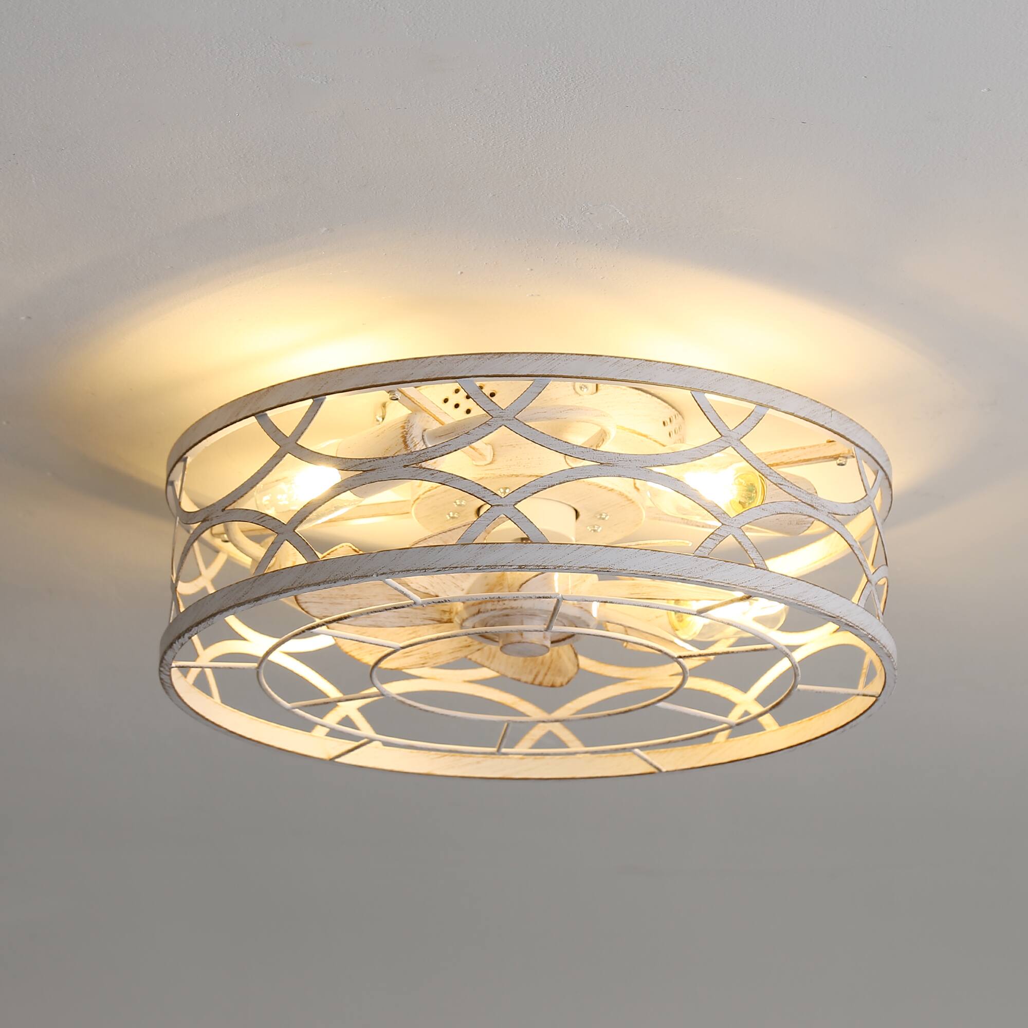 Alt View 7. Breezary - 18-Inch Flush Mount Caged Ceiling Fan with 7 ABS Blades, DC Motor, 6-Speed Remote Control, Memory Function - Distressed White and Gold.