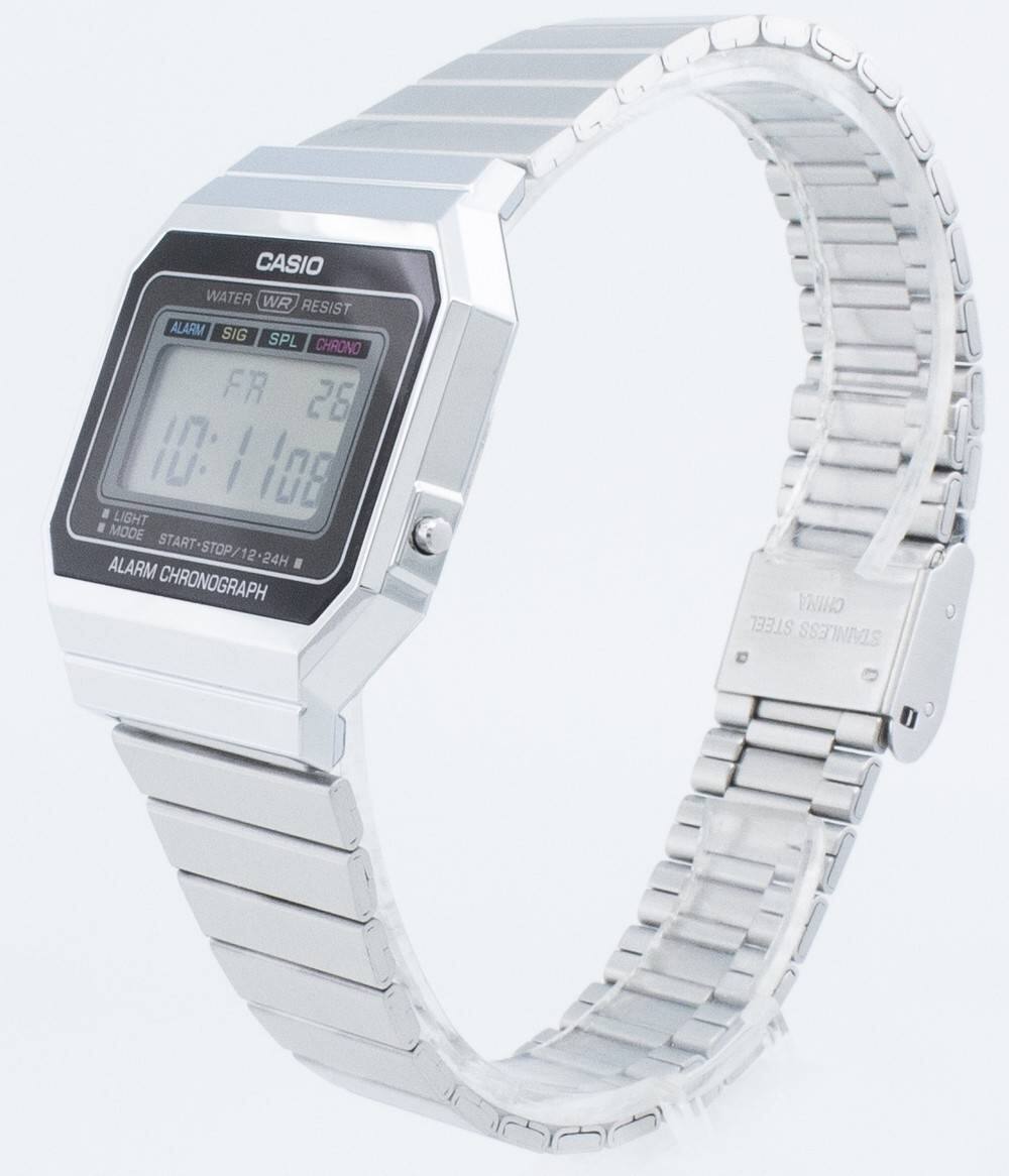 CASIO WATER WR RESIST ALARM SIG SPL CHRONO FR 26  
LIGHT MODE ALARM START-STOP/12-24H CHRONOGRAPH  
CHINA STEEL STAINLESS