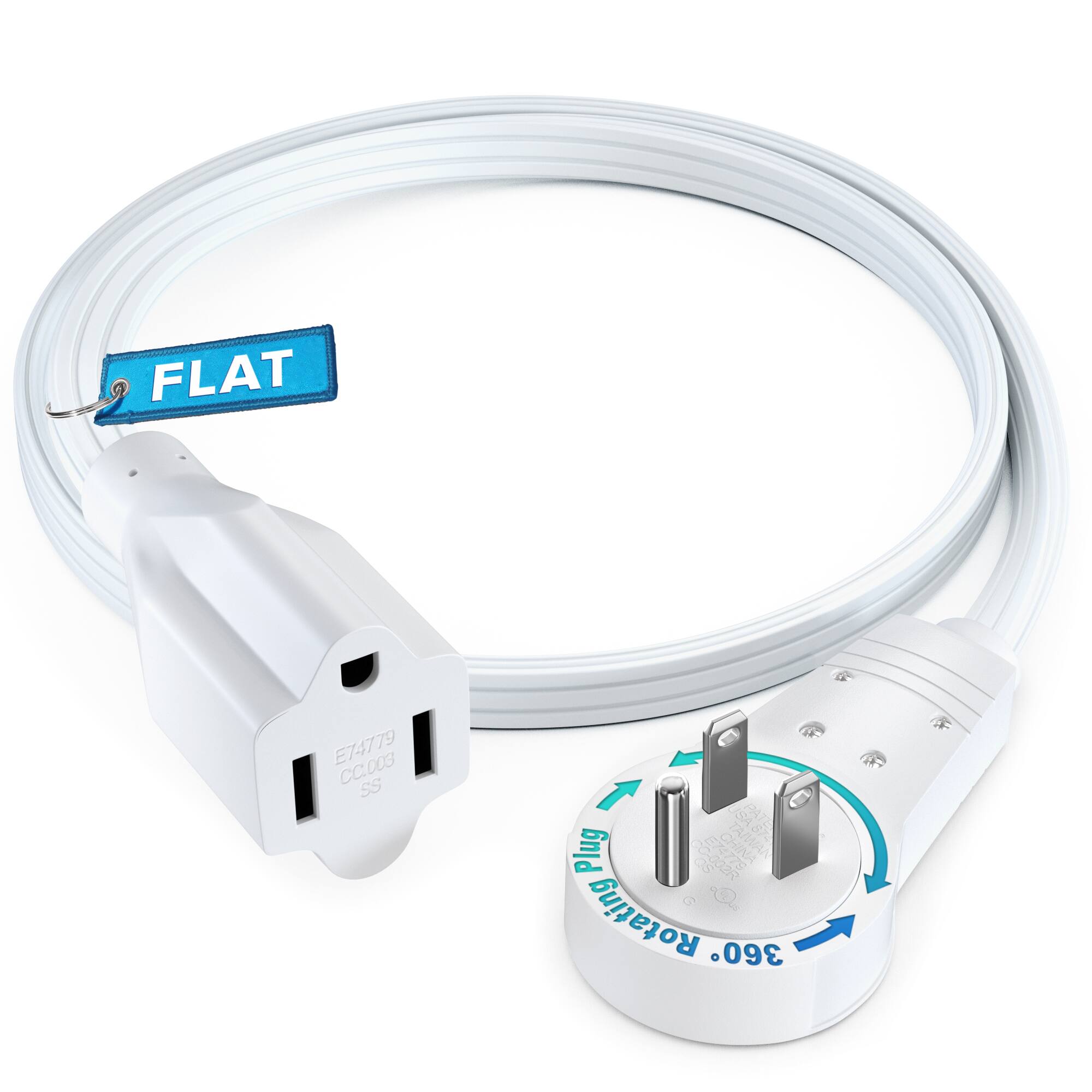 Maximm - 360° Rotating Flat Plug Extension Cord 1 feet Flat Cord Under Carpet with Slim Space-Saving Plug Design - White
